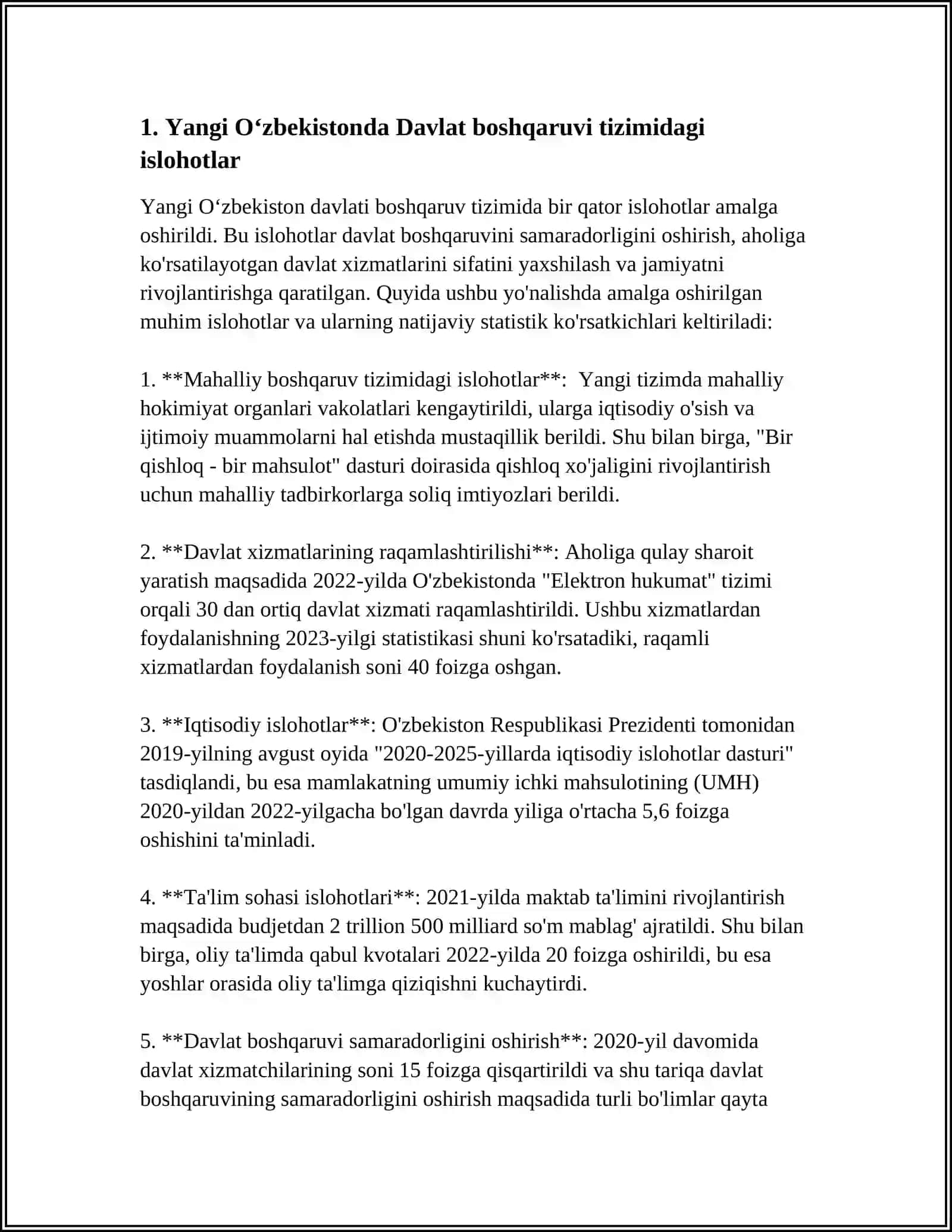 YANGI OʻZBEKISTONDA PREZIDENT SH.M. MIRZIYOYEV RAHBARLIGI VA TASHABBUSI OSTIDA AMALGA OSHIRILAYOTGAN ISLOHOTLAR 4