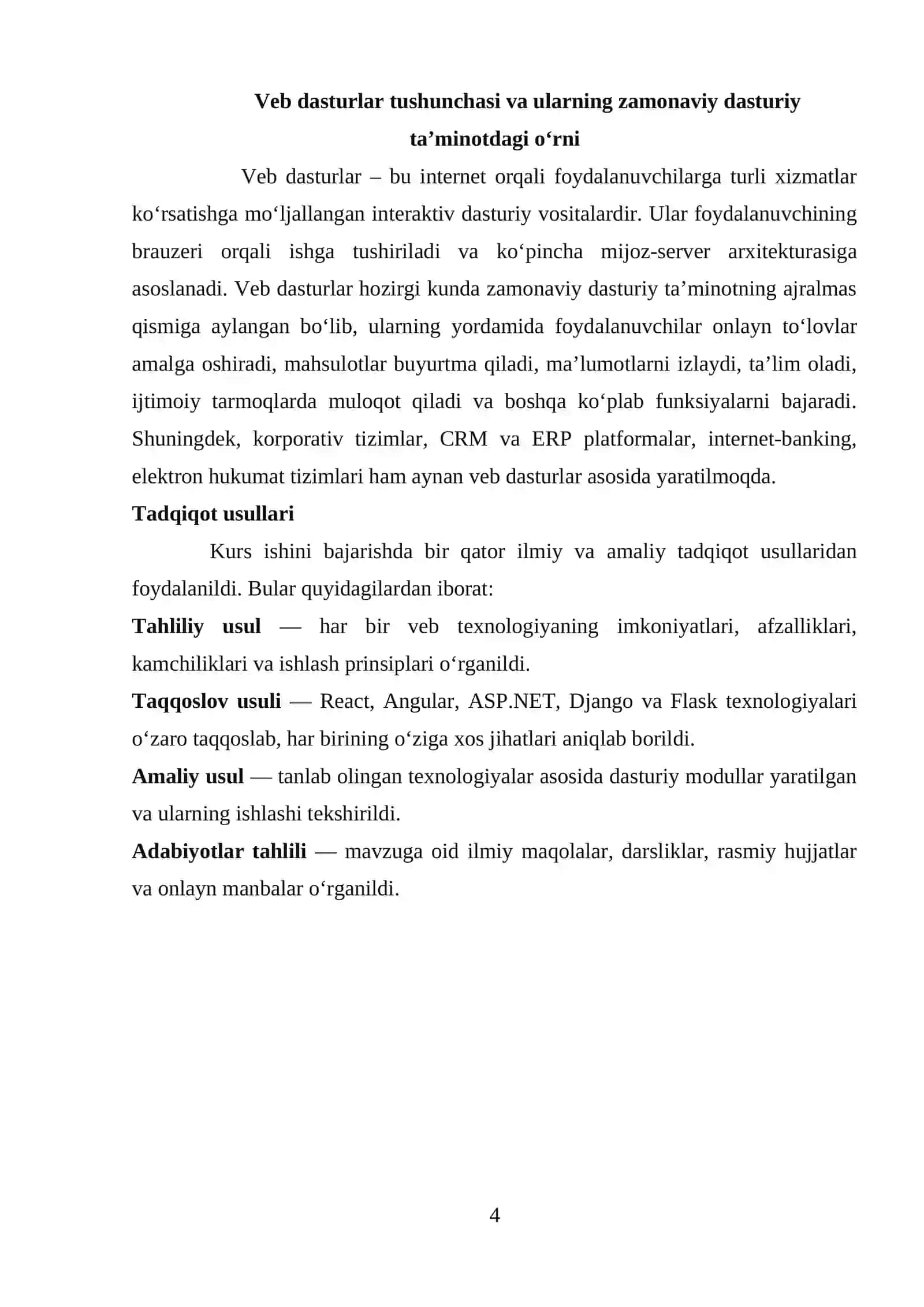 Veb dasturlarni ishlab chiqish texnologiyalari (React, Angular, ASP.NET, Django, Flask) 4