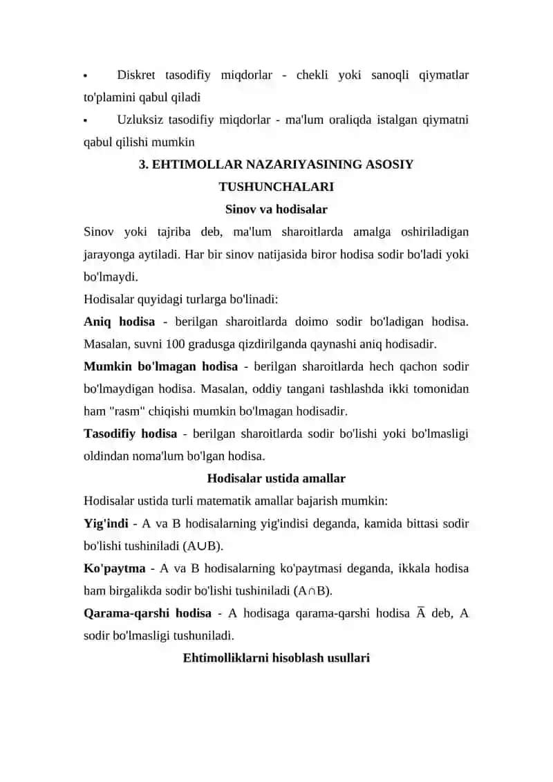 Ehtimollar nazariyasining predmeti va uning iqtisodiy, texnik masalalar uchun ahamiyati. 4