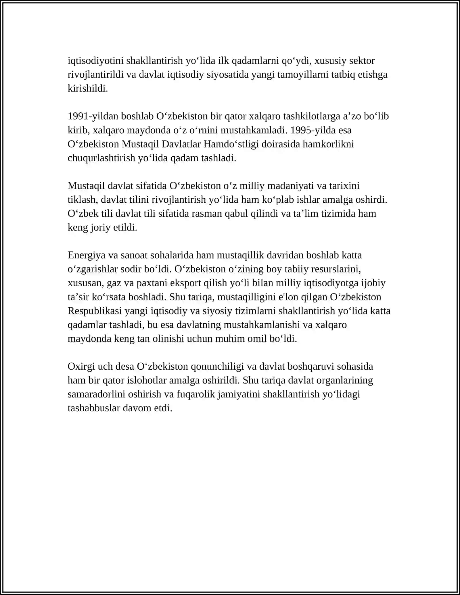 ÒZBEKISTONDA DAVLAT MUSTAQILLIGINI KIRITILISHI HUQUQIY DEMOKRATIK DAVLAT VA FUQARALIK JAMIYATI ASOSLARINI BARPO ETISH BORASIDAGI ISLOHATLAR 4