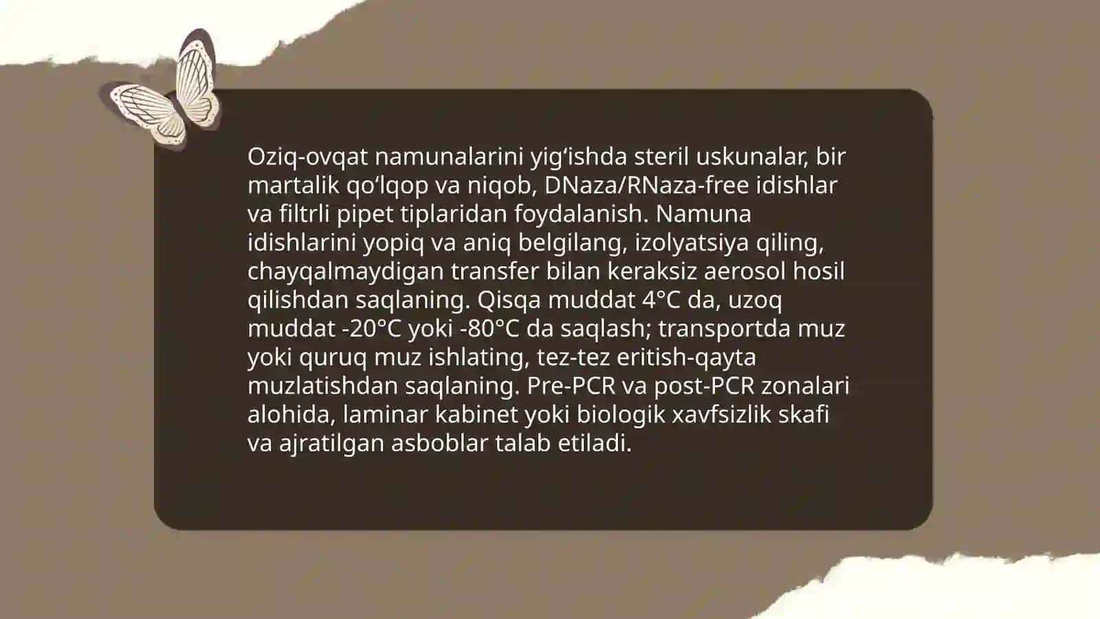 Polimeraza zanjiri reaksiyasi (PZR) usulini oʻzlashtirish: Oziq-ovqat mahsulotlarida patogen DNKni aniqlash., Molekulyar diagnostika 4