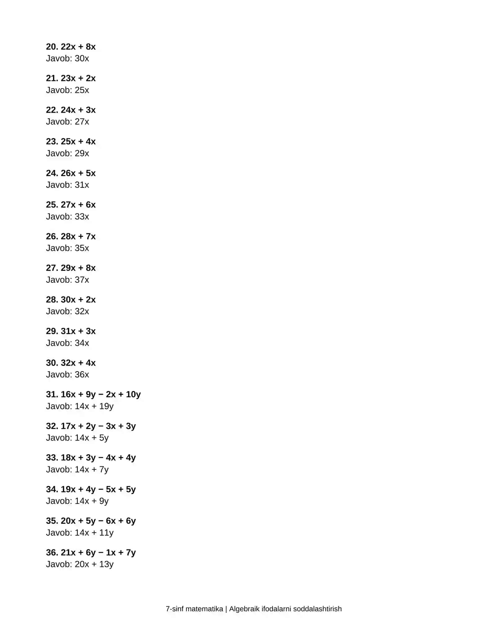 7-sinf matematika — 100 ta algebraik ifodani soddalashtirish 4
