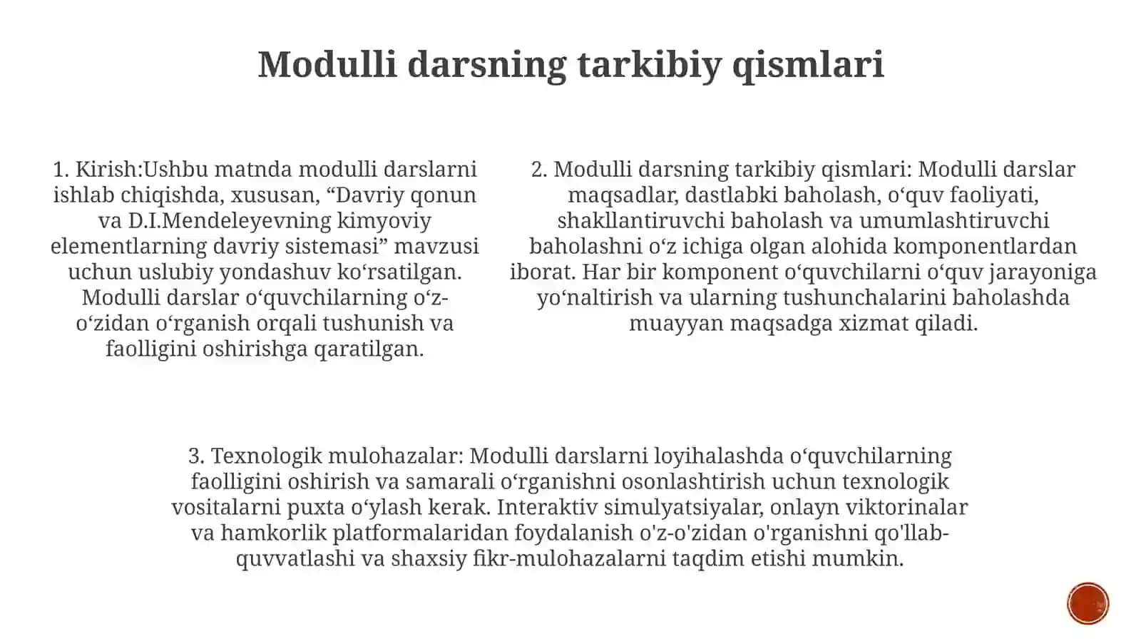 Davriy Qonun Va D.Mendeleyevning Kimyoviy Elementardavriy Sistemasi Mavzudagi Modulli Darsning Texnologik Xaritasini Ishlab Chiqish Metodikasi 4