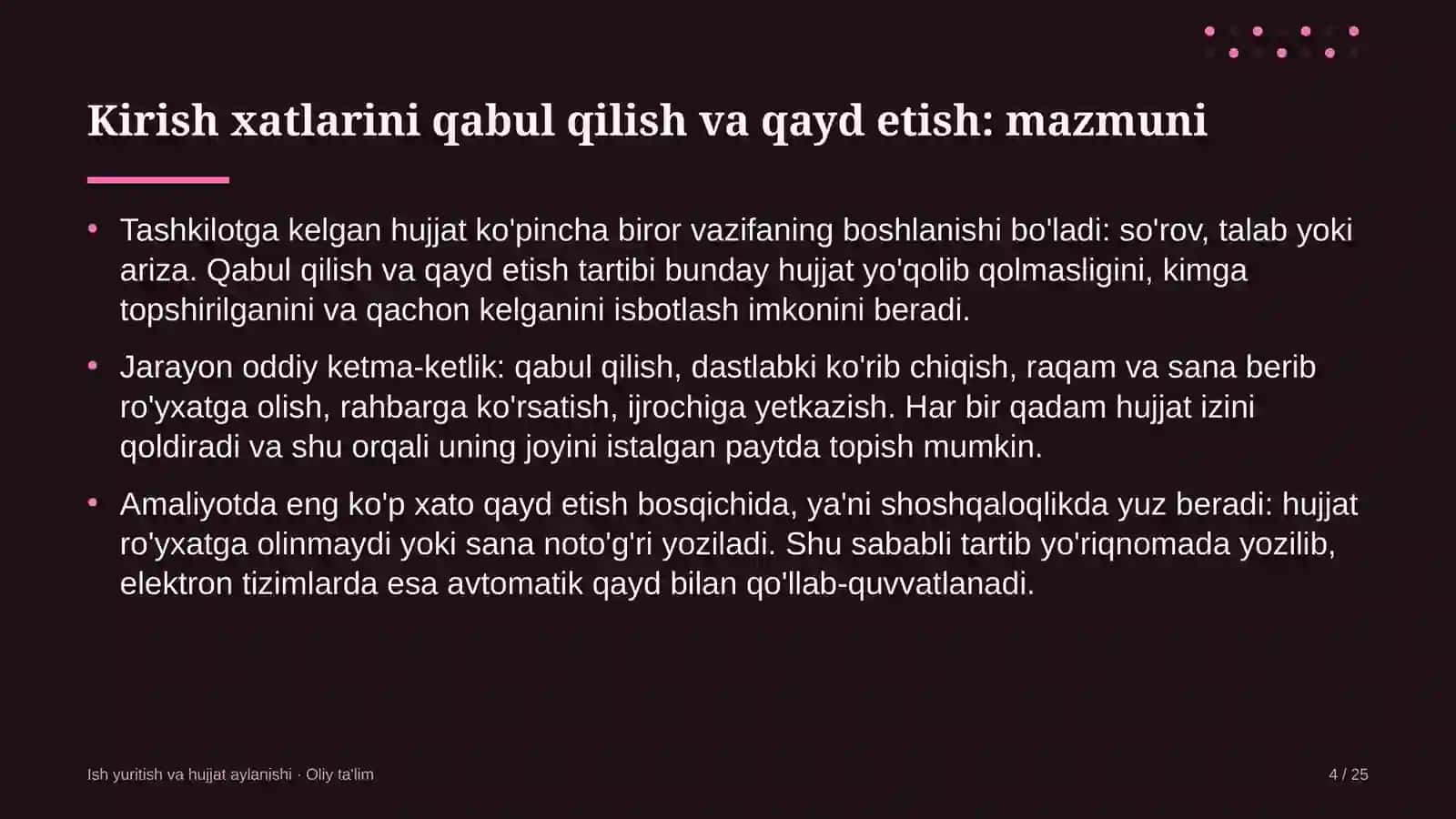 suv omborlarida kirish xatlarini qabul qilish va qayd etish 6438 4