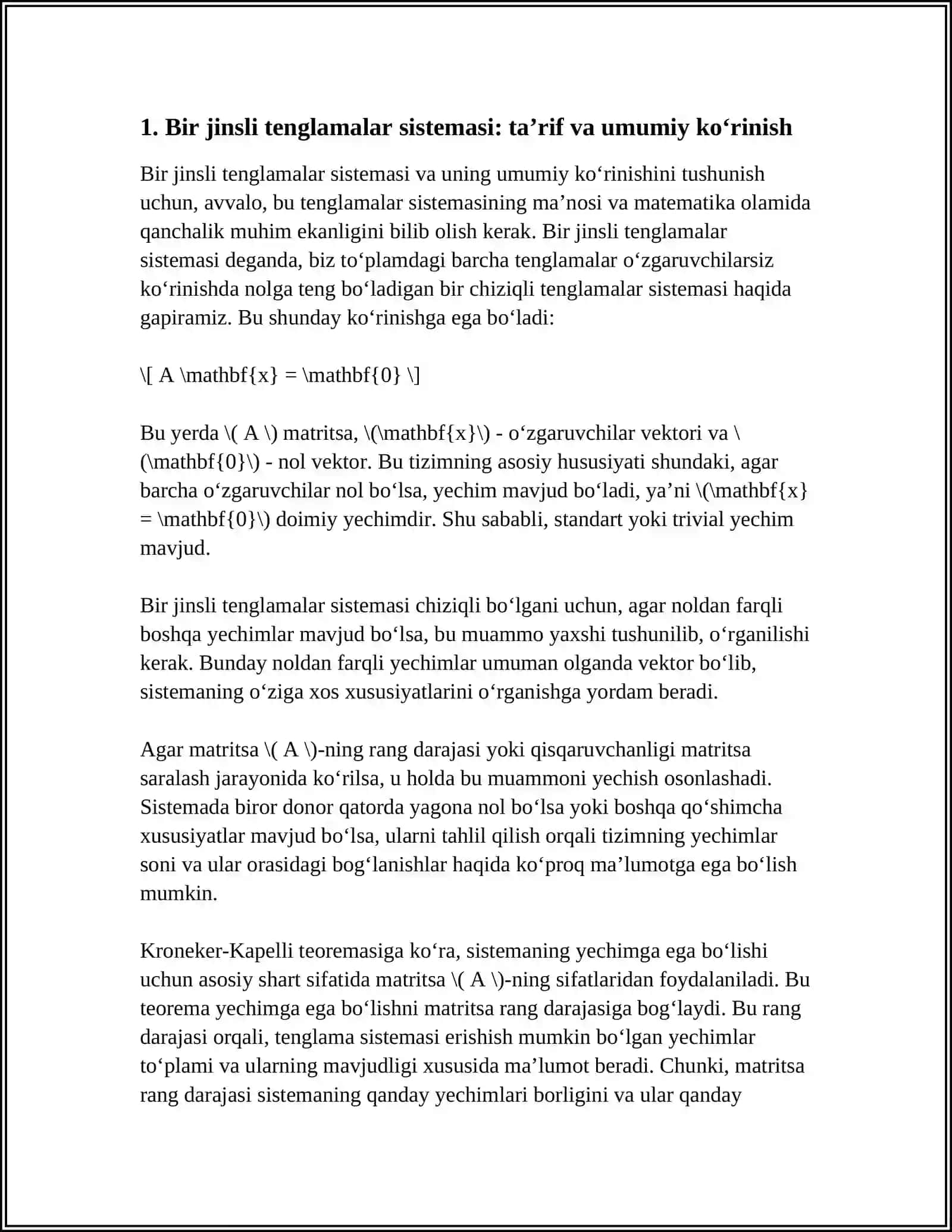 BIR JINSLI TENGLAMALAR SISTEMASI. KRONEKER-KAPELLI TEOREMASI 4