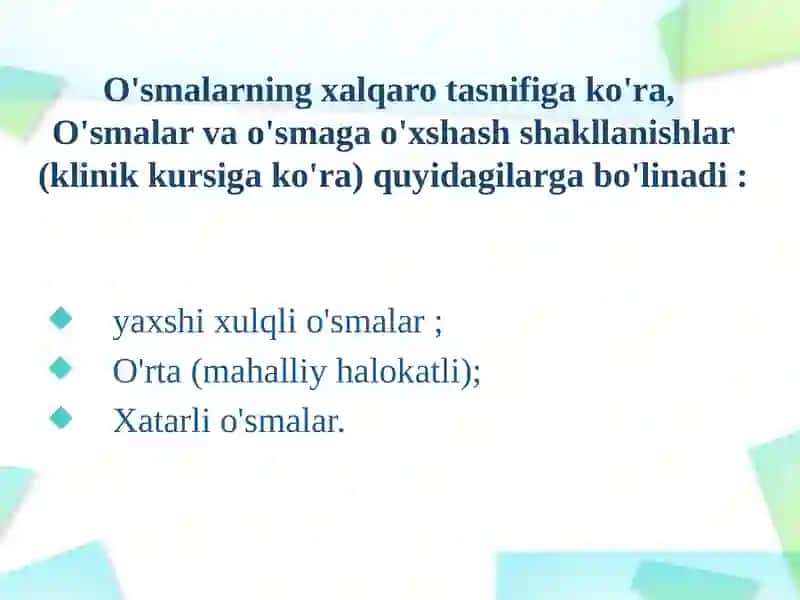 Yuzjag'soxasinixavfsizo'smasimonxosilalarivao'smalari.Tasnifi,klinikasi,tashxisivadavolash. 4
