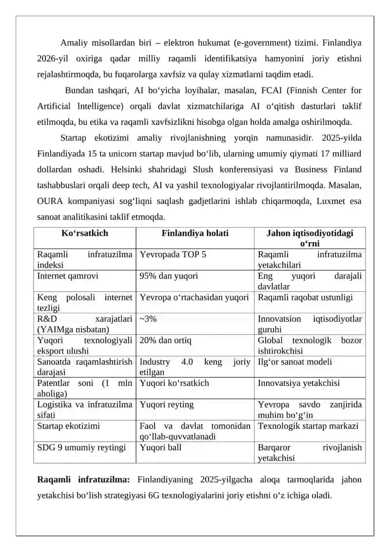 Raqamlashtirish sharoitida Finlandiya mamlakatining jahon iqtisodiyotida tutgan o‘rni 4