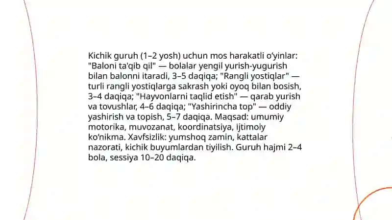 Maktabgacha yoshdagi bolalar uchun yosh guruhlari kesimida harakatli o‘yinlar 4
