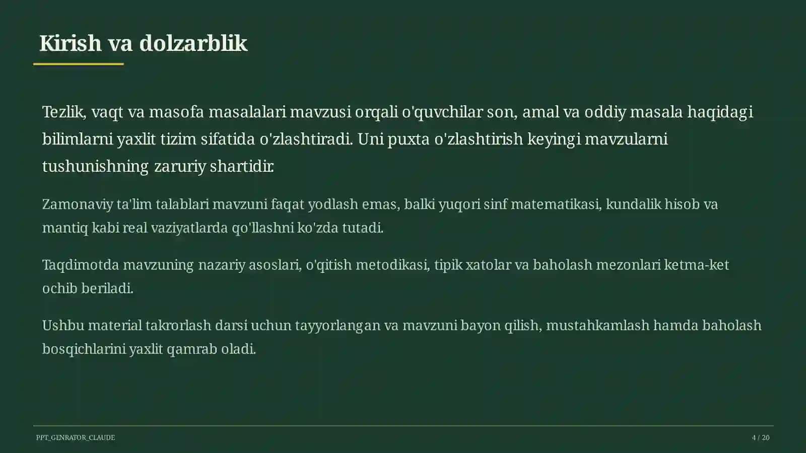 Tezlik, vaqt va masofa masalalari (4-sinf) 4