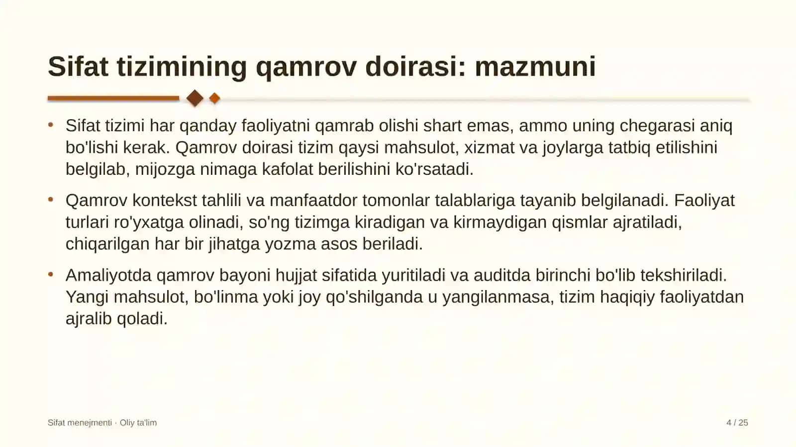 Zargarlik sanoatida sifat menejmenti tizimining qamrov doirasini belgilash 4