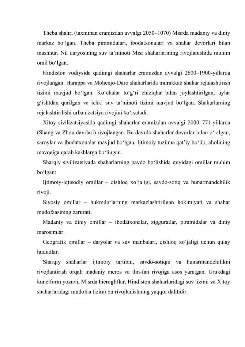 Sharqdagi qadimgi shaharlar shakllanishi va o‘ziga xos xususiyatlari mustaqil ish 4