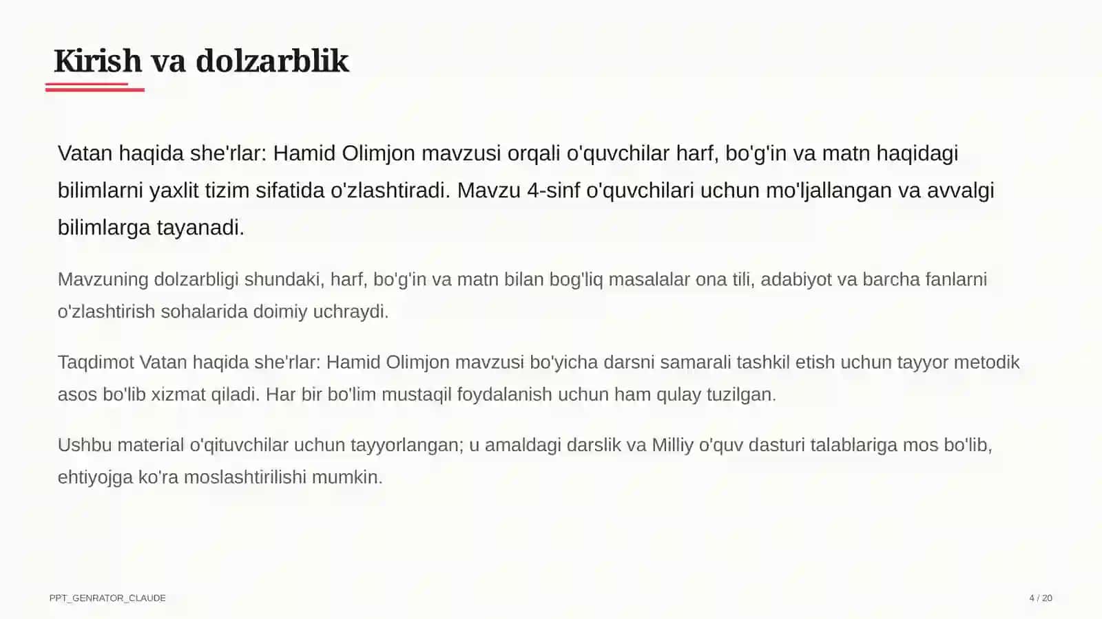 Boshlang'ich sinf: Ona tili va o'qish (1– 4) — o'qituvchilar uchun 4