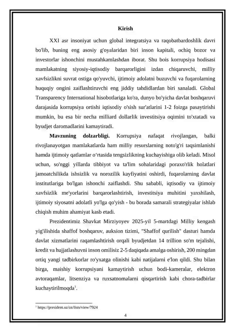 “Korrupsiya va uning iqtisodiy hamda ijtimoiy xavfsizlikka soladigan tahdidlari” mavzusida ilmiy ish 4