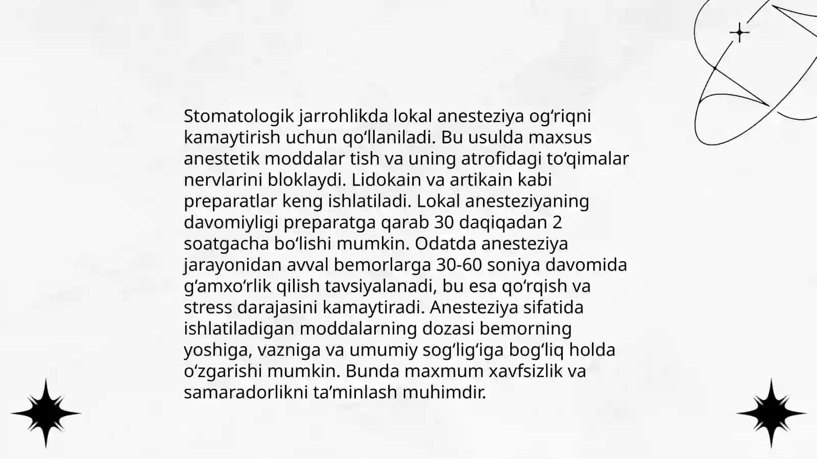 Yuz-jag’ xirurgiyasi, stomatologik va LOR a’zolari xirurgiyasida anesteziya va intensive terapiya презентация 4