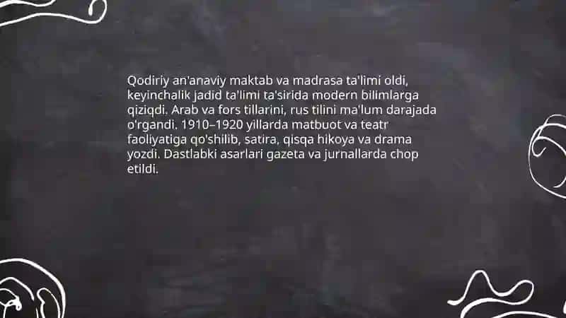 Abdulla Qodiriy hayoti va Mehrobdan Chayon asari 4