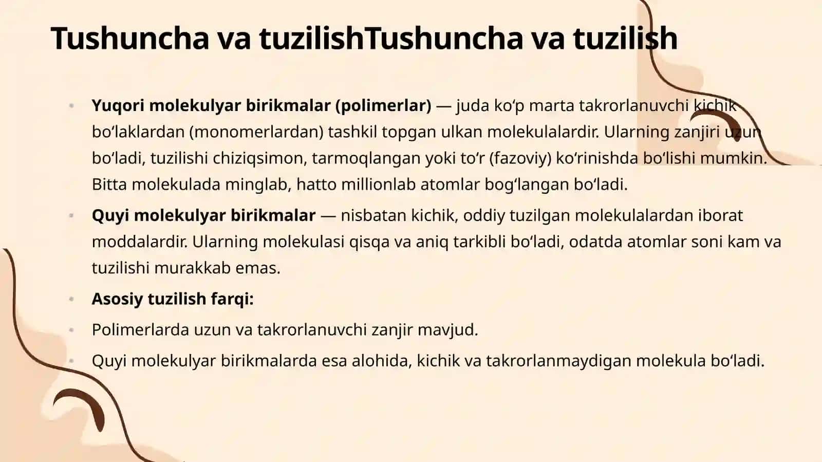 Yuqori molekulyar birikmalarning quyi molekulyar birikmalardan asosiy farqlari 4