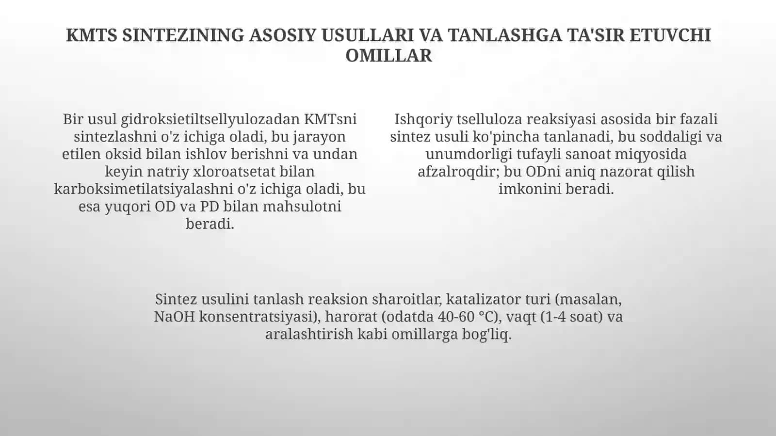 Polimerlanish va almashinish darajasi turlicha bòlgan karboksimetilselluloza sintezi 4