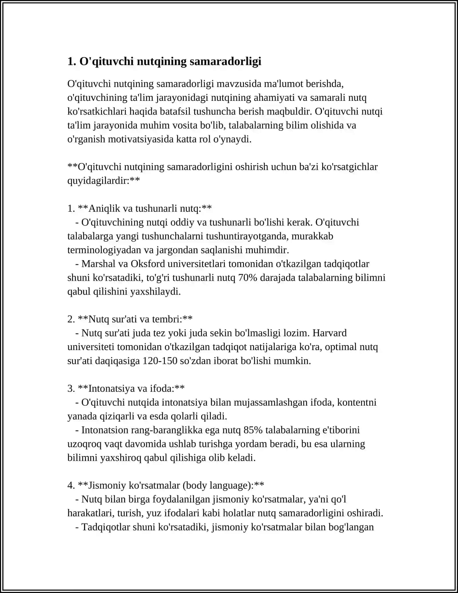 O'QITUVCHI NUTQINING KOMMUNIKATIV XUSUSIYATLARI.PEDAGOGIK NUTQNING O'ZIGA XOSLIKLARI. NUTQ TURLARI VA KORINISHLARI.NUTQNING TOĢRILIGI, ANIQLIGI, TOZALIGI, MANTIAIYLIGI,TA'SIRCHANLIGI, MAQSADGA MUVOFIQLIGI 4