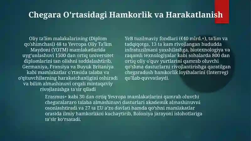 Yevropada oliy maktabni isloh qlish vata'lim sohasdagi integratsion jarayonlarni ozaro aloqadorligi 4