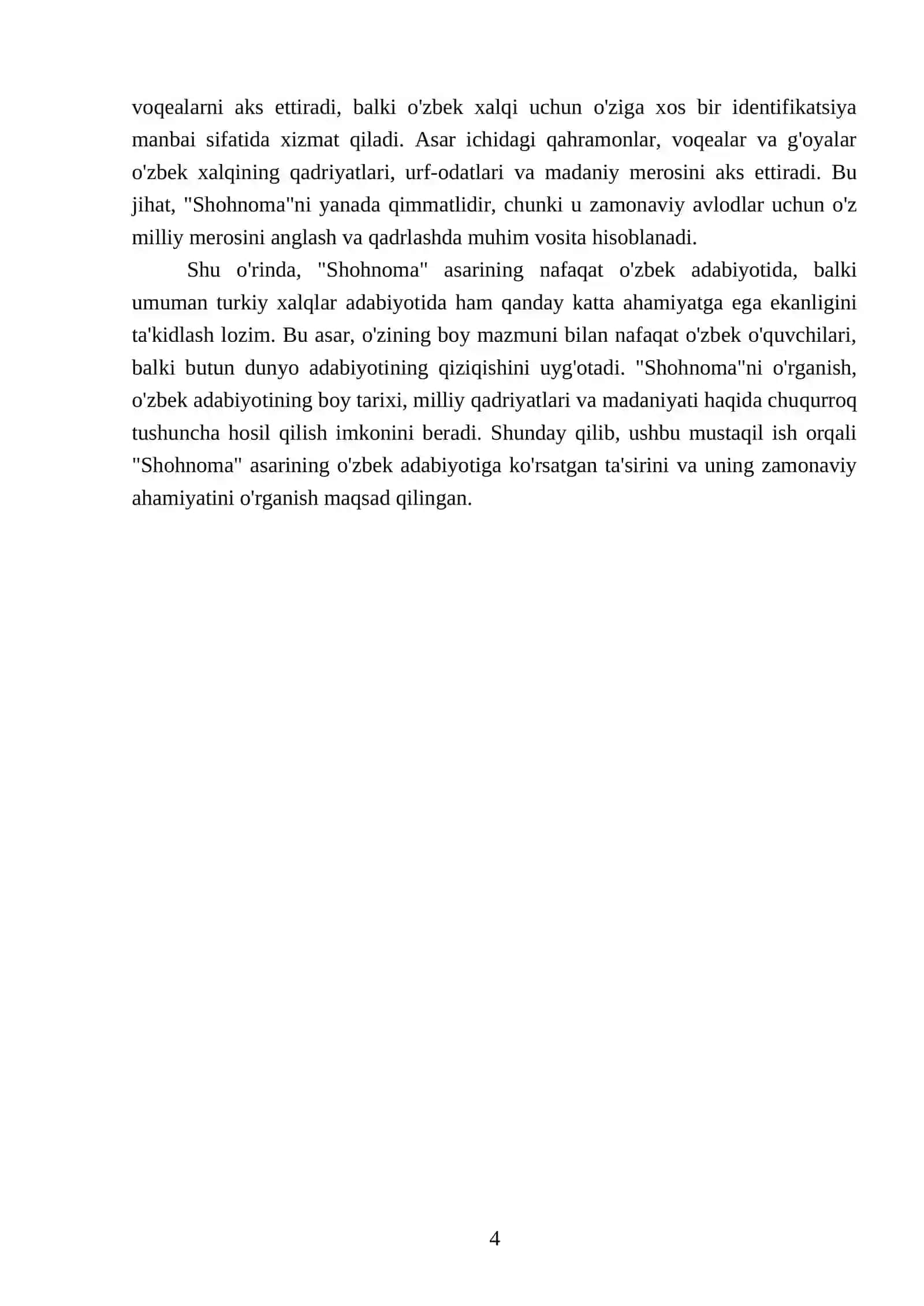 "Shohnoma" va uning o'zbek adabiyotiga koʻrsatgan ta'siri haqida bayon qiling 4