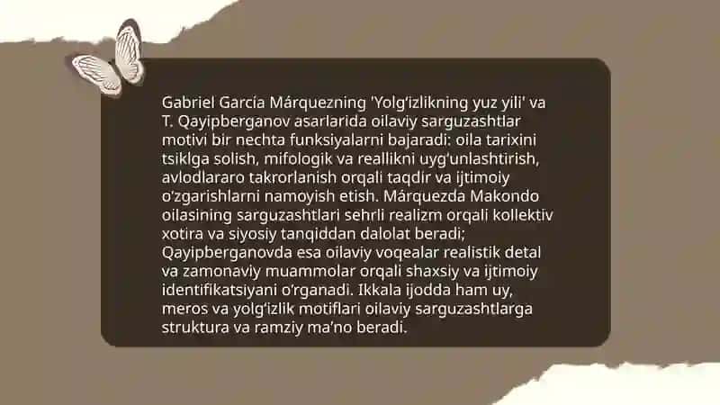 Markes ijodi. ( " Yolgʻizlikning yuz yili" ) I. Yusupov va T. Qayipberganov ijodi 4