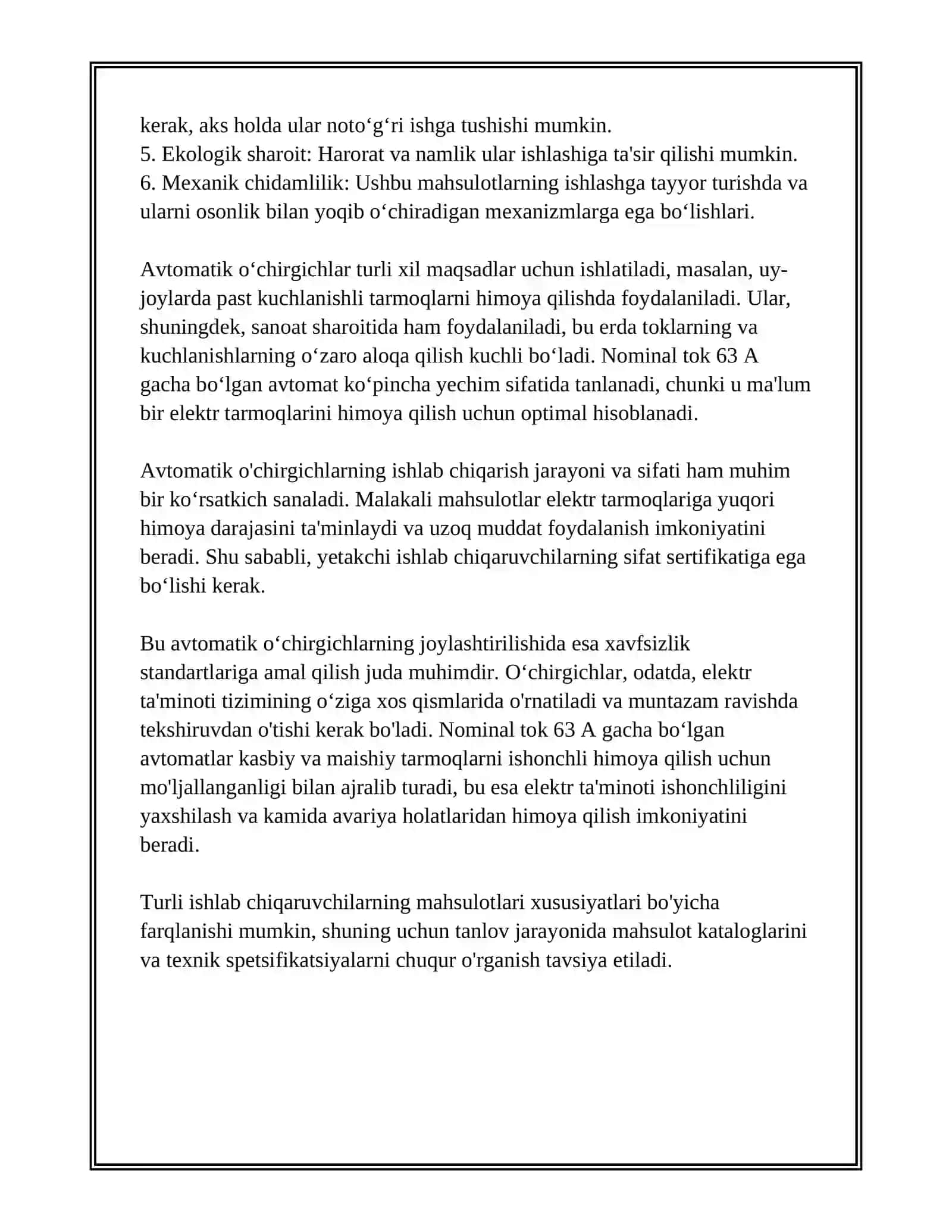 NOMINAL TOKI 63 A GACHA BOʻLGAN VA SERIYALI AVTOMATIK O'CHIRGICHLAR YORDAMIDA KVGACHA KUCHLANISHLI ELEKTR TARMOQLARINI HIMOYA QILISH 4