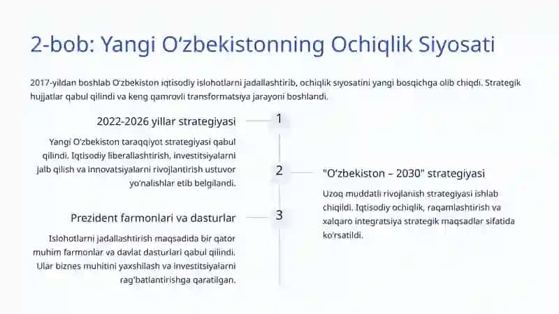 Iqtisodiy Ochiqlik Siyosati: Yangi Oʻzbekistonning Taraqqiyot Yoʻli 4