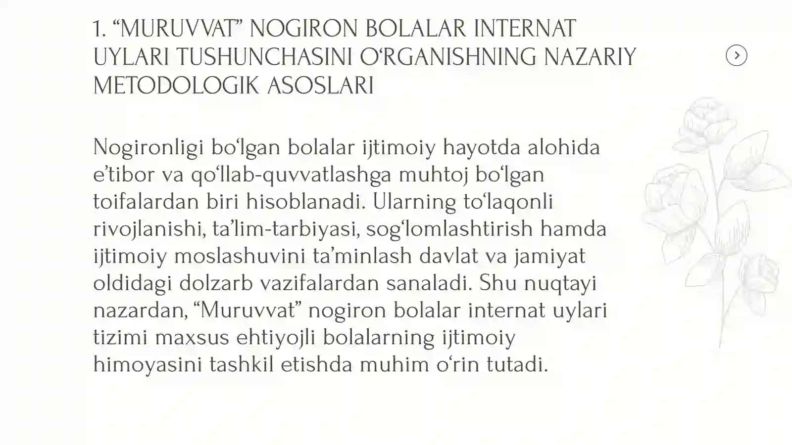 MURUVVAT” NOGIRON BOLALAR UCHUN INTERNAT UYLARI FAOLIYATI YURITISH TATRIBI 4