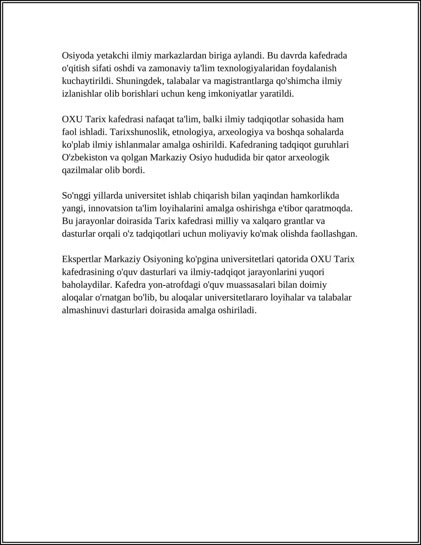 OSIYO XALQARO UNIVERSITETI TARIX KAFEDRASI MUSTAQIL ISH 4