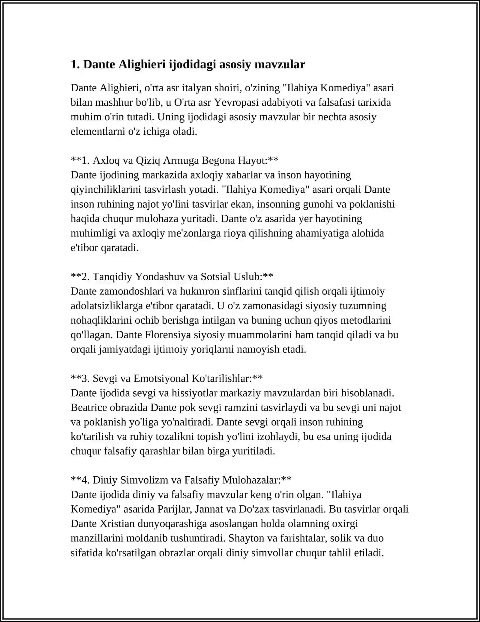 DANTE ALIGYERI IJODI. JOVANNI BOKACHCHONING "DEKAMERON"ASARI 4