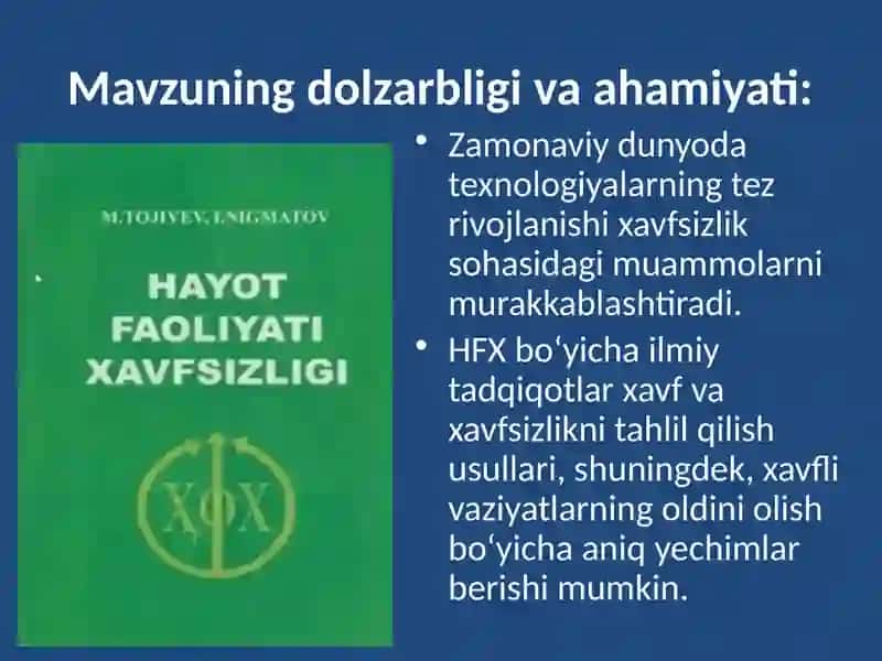 HFX Muammolarini o`rganish HFX muammolarini o`rganishga katta hissa qo`shgan jahon va vatanimiz olimlari. Ularning asosiy ilmiy ishlari. Xavflarni kvantifikatsiyalashning sonli, balli va boshqa uslublarini tahlil qilish. 4