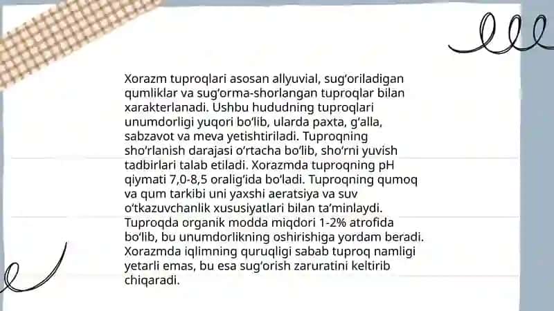 Xorazm viloyati tuproği,iqlim sharoiti,tabiati,suvi, sizot suvlar sathi,ekin turi,ekiladigan yer maydoni,daryosi 4