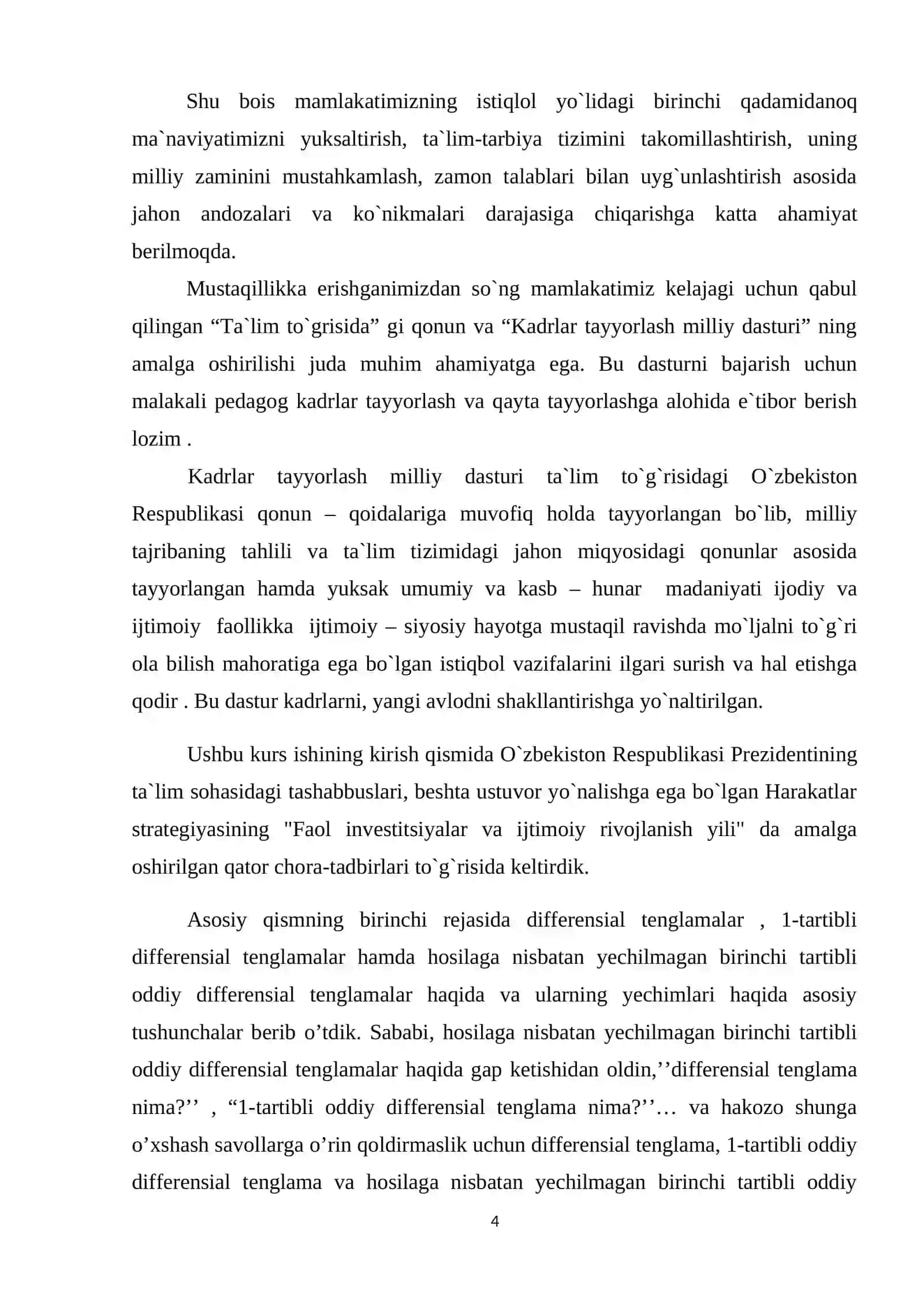 Oddiy differensial tenglamalar fanidan tayyorlangan KURS ISHI 4