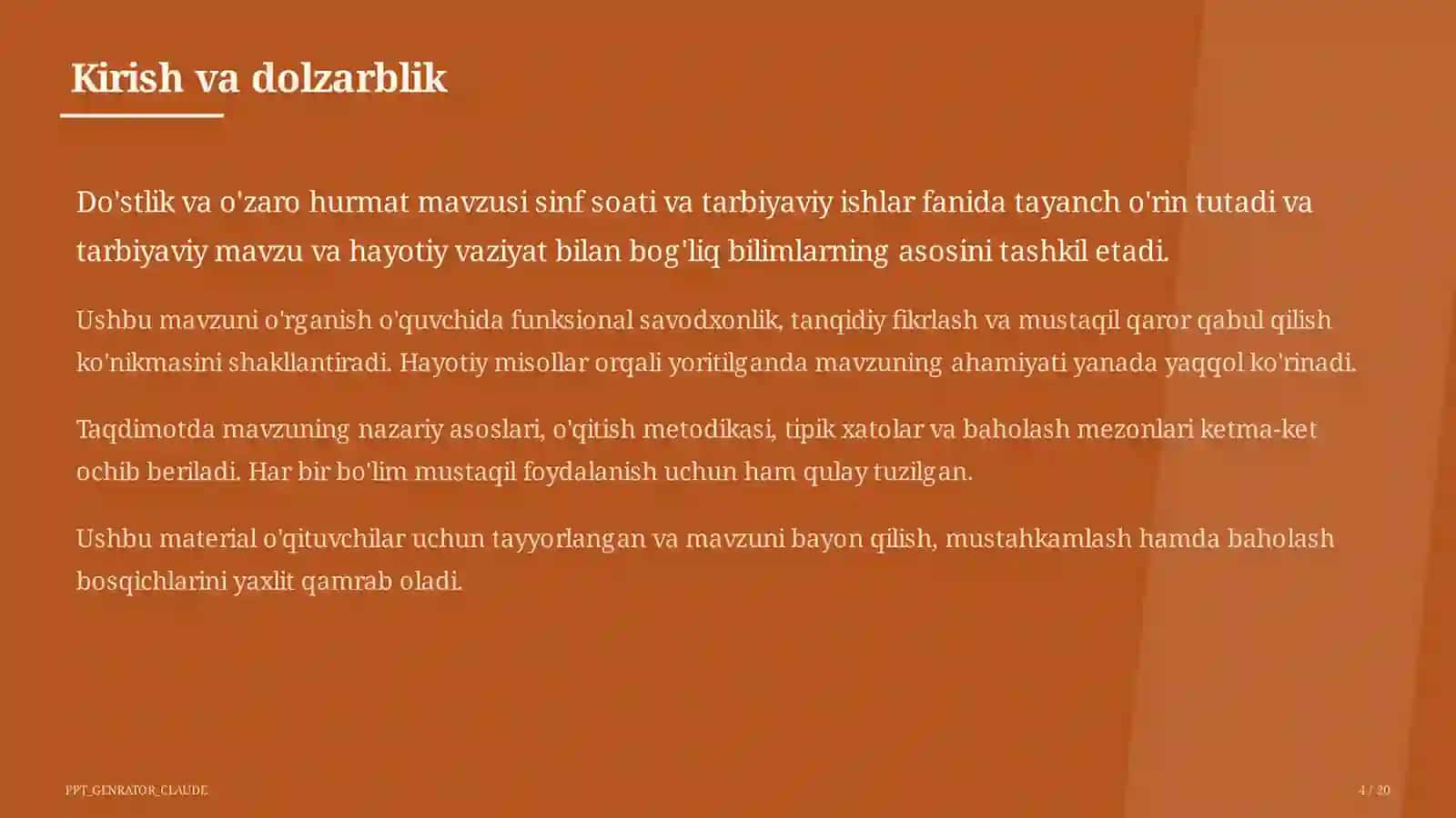 Sinf soati va tarbiyaviy tadbirlar (1–11) — o'qituvchilar uchun 4