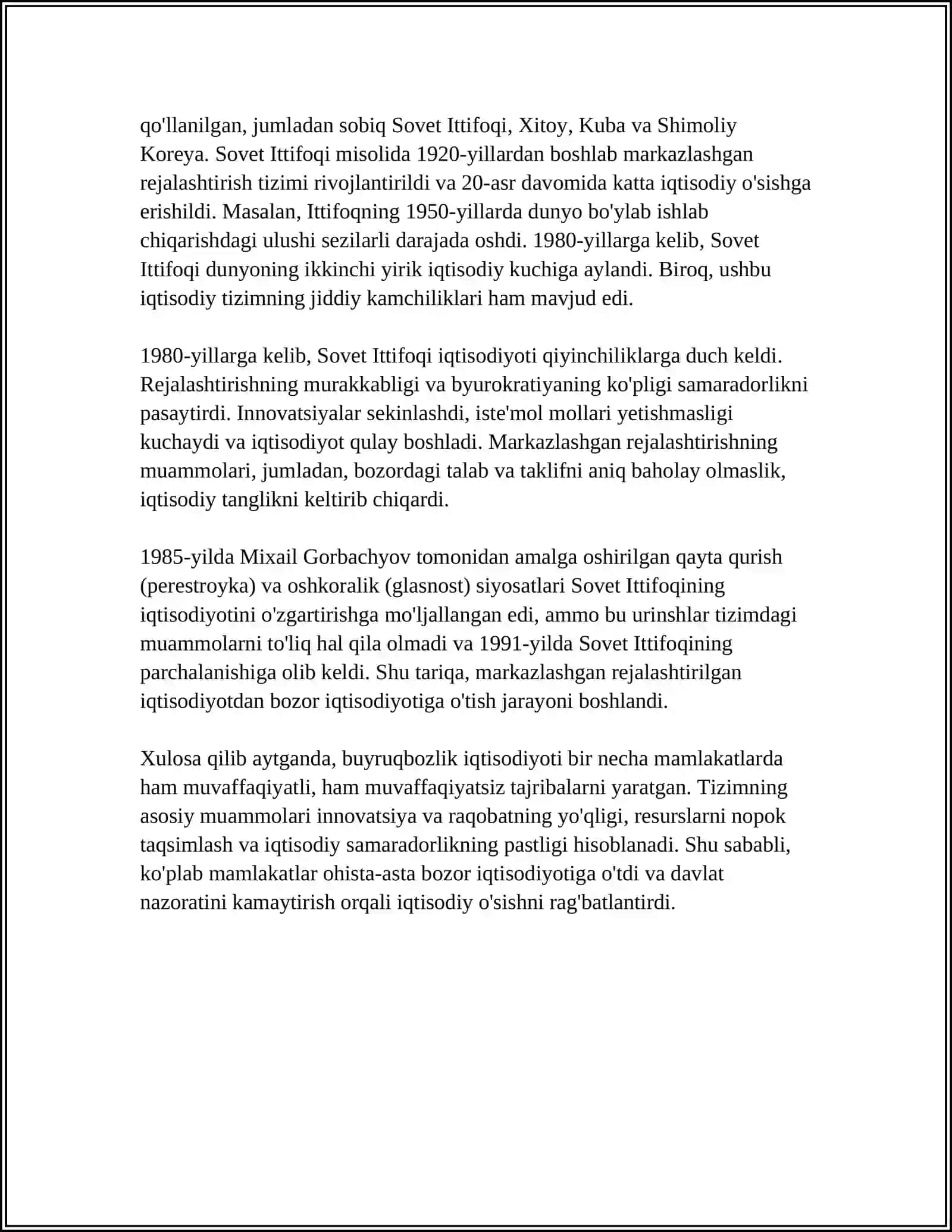 BUYRUQBOZLIK VA BOZOR IQTISODIYOTLARINING FARQLI XUSUSIYATLARI TAHLILI 4