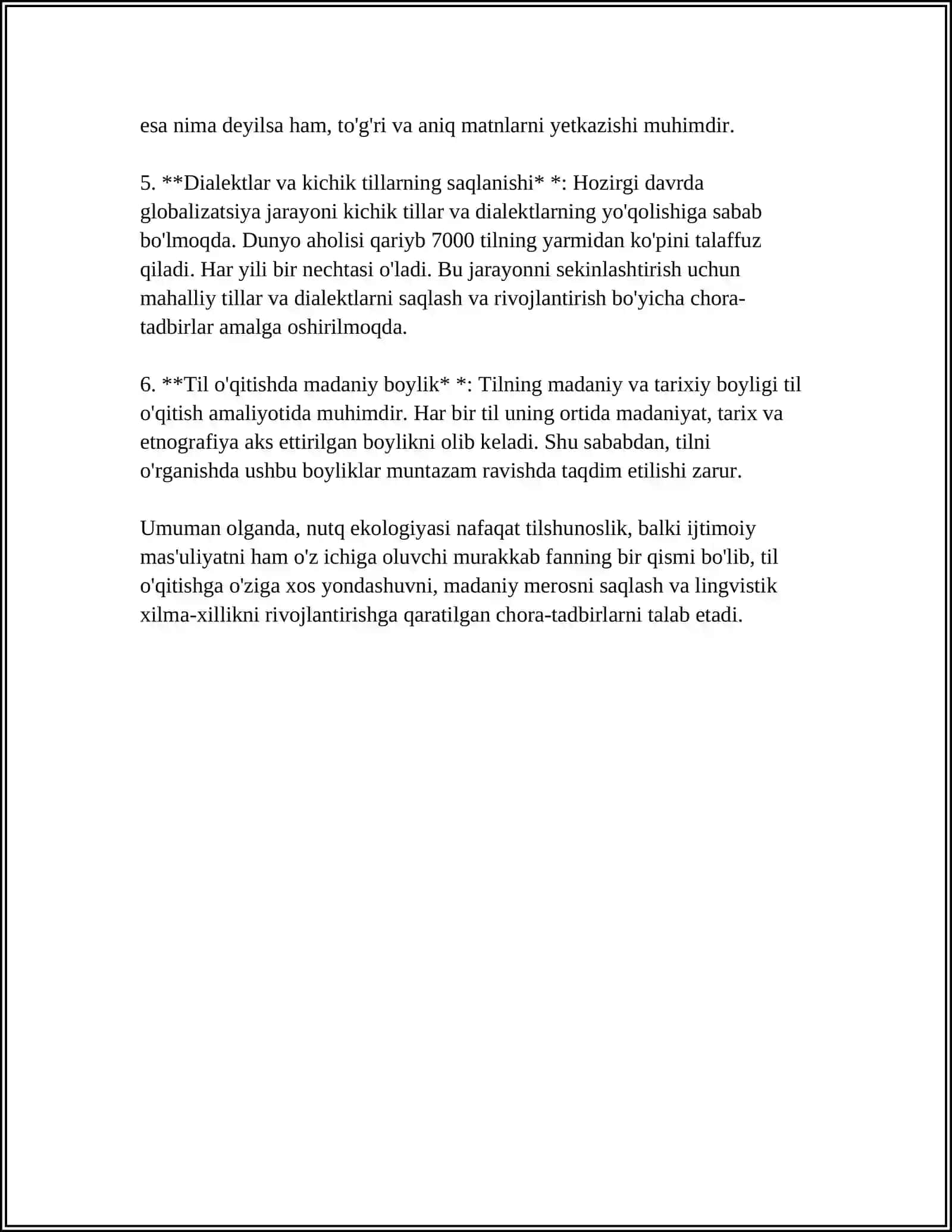 MUSTAQIL ISH Mavzu: TIL VA NUTQ EKOLOGIYASI HAQIDA SAVOLNOMA 4