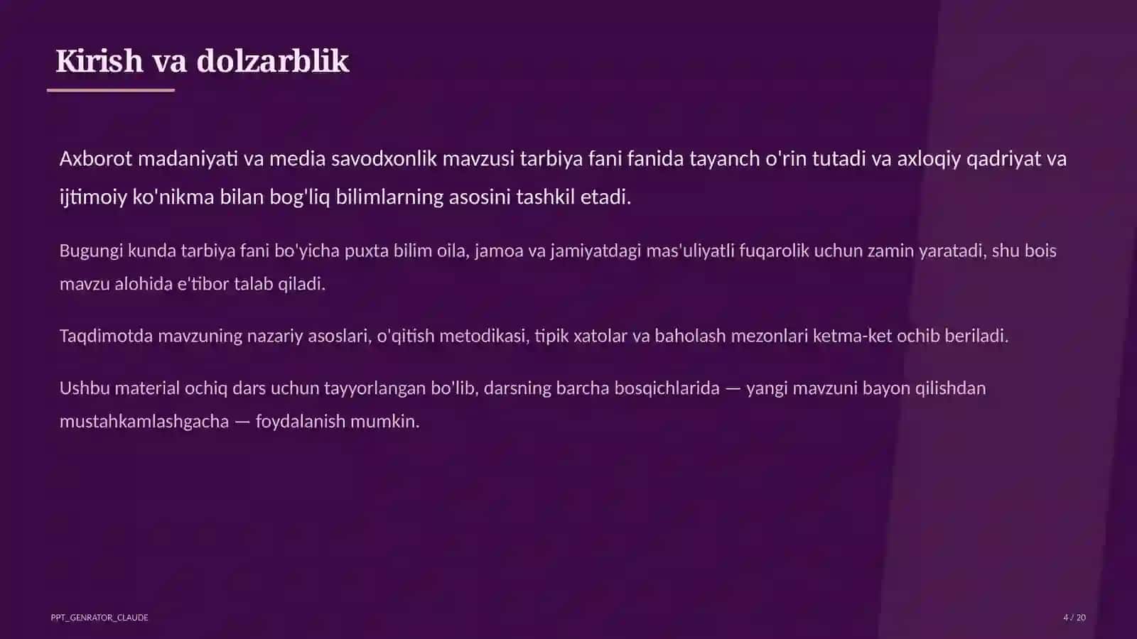 Tarbiya fani (1–11) — ochiq dars uchun 4