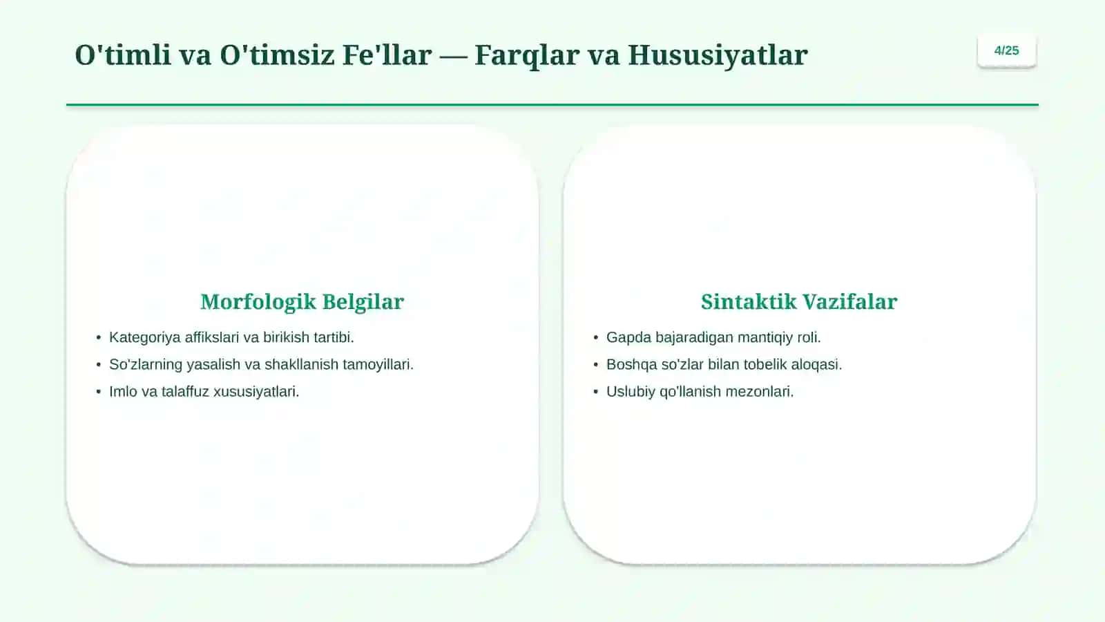 Fe'l So'z Turkumi: O'timlilik va Nisbat Tizimi 4