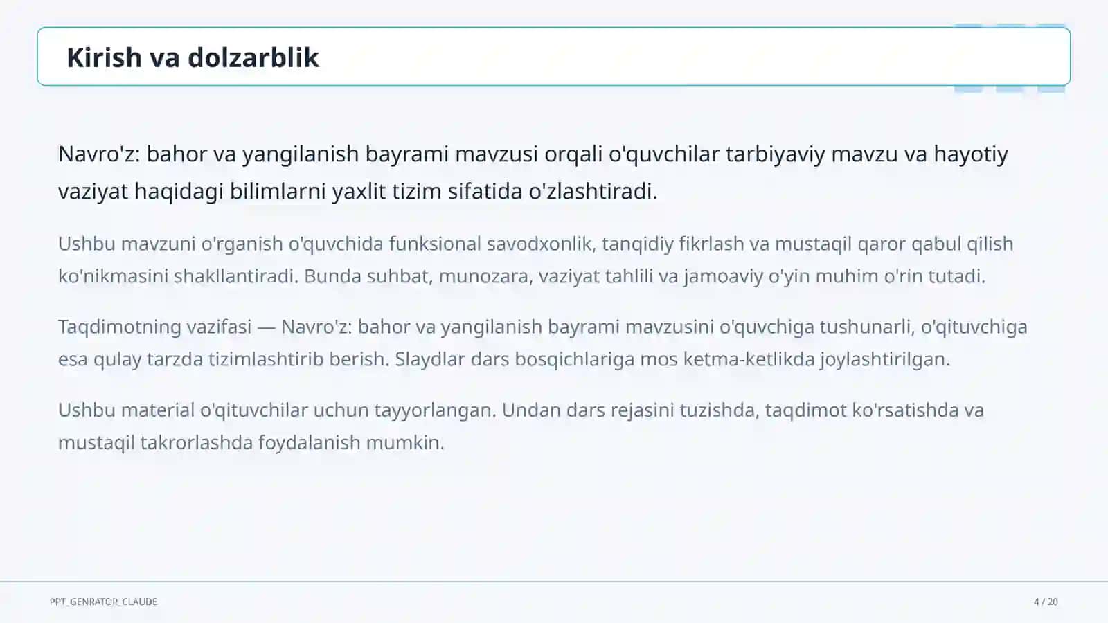 Sinf soati va tarbiyaviy tadbirlar (1– 11) — o'qituvchilar uchun 4