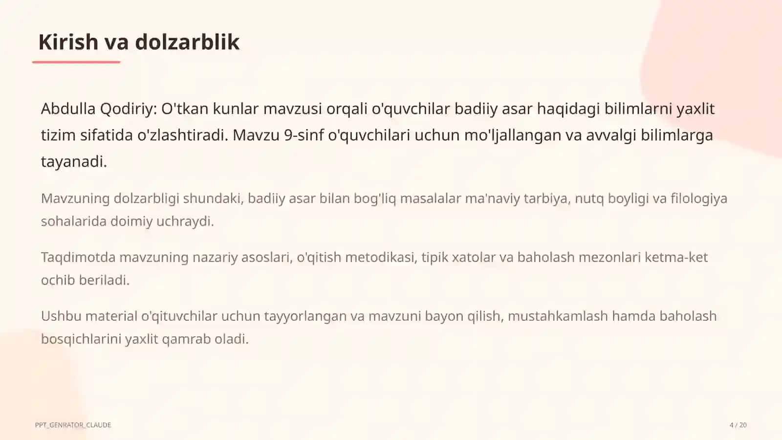 Abdulla Qodiriy: O'tkan kunlar (9-sinf) 4
