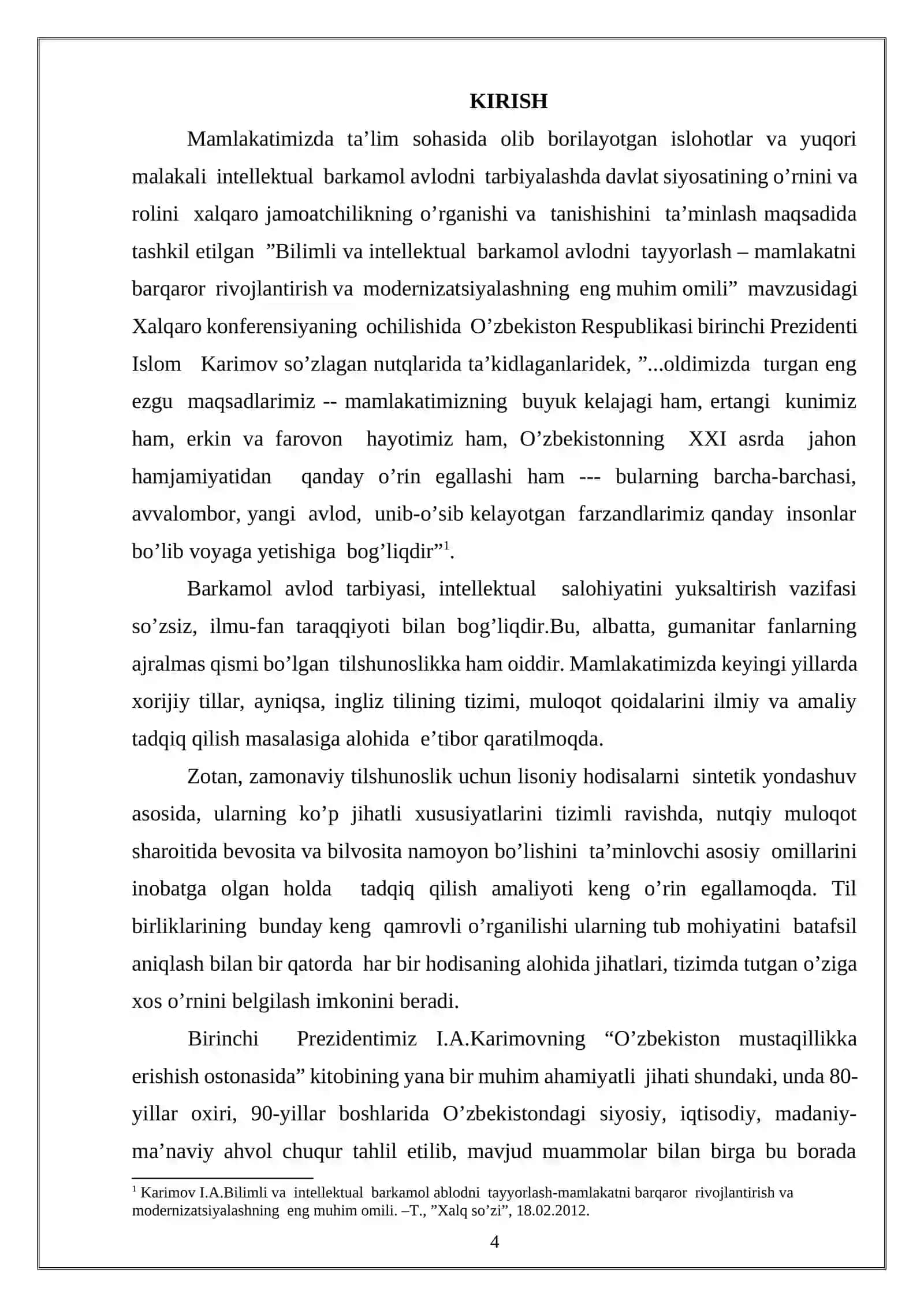 Hozirgi zamon ingliz tilida “without predlogli birikmalarni komponent va - sintaksem tahlili” mavzusidagi Bitiruv malakaviy ishi 4