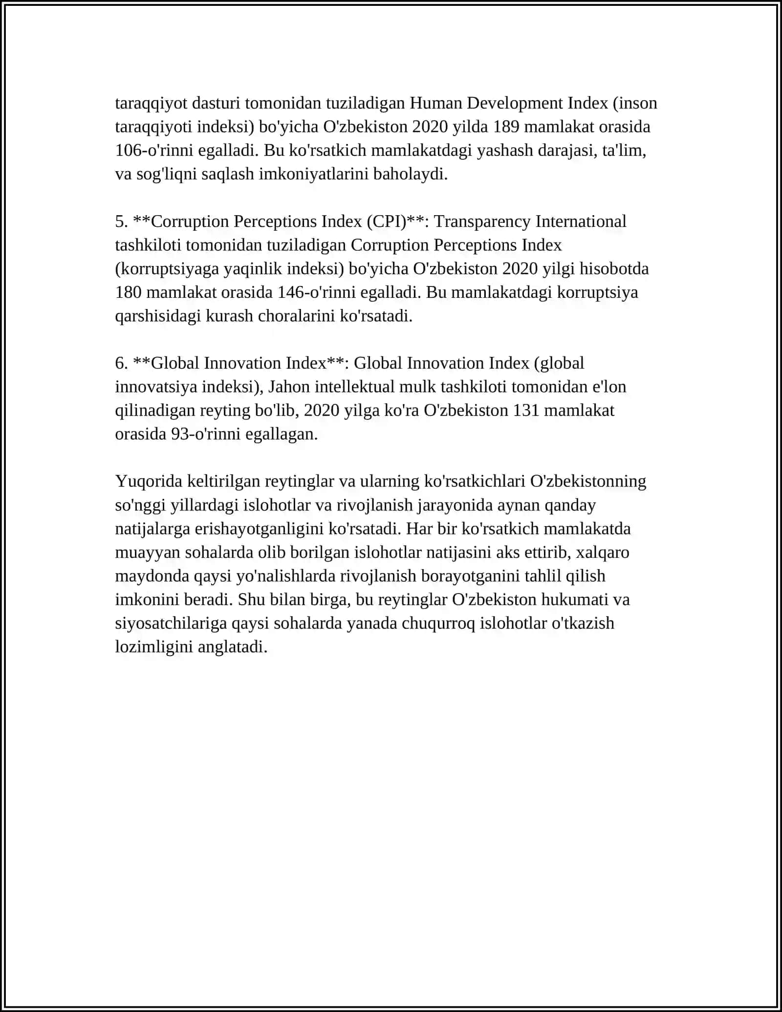 IQTISODIY VA IJTIMOIY SOHADAGI USTUVOR HALQARO REYTINGLAR VA ULARGA O'ZBEKISTONNING INTEGRATSIYALASHUVI 4
