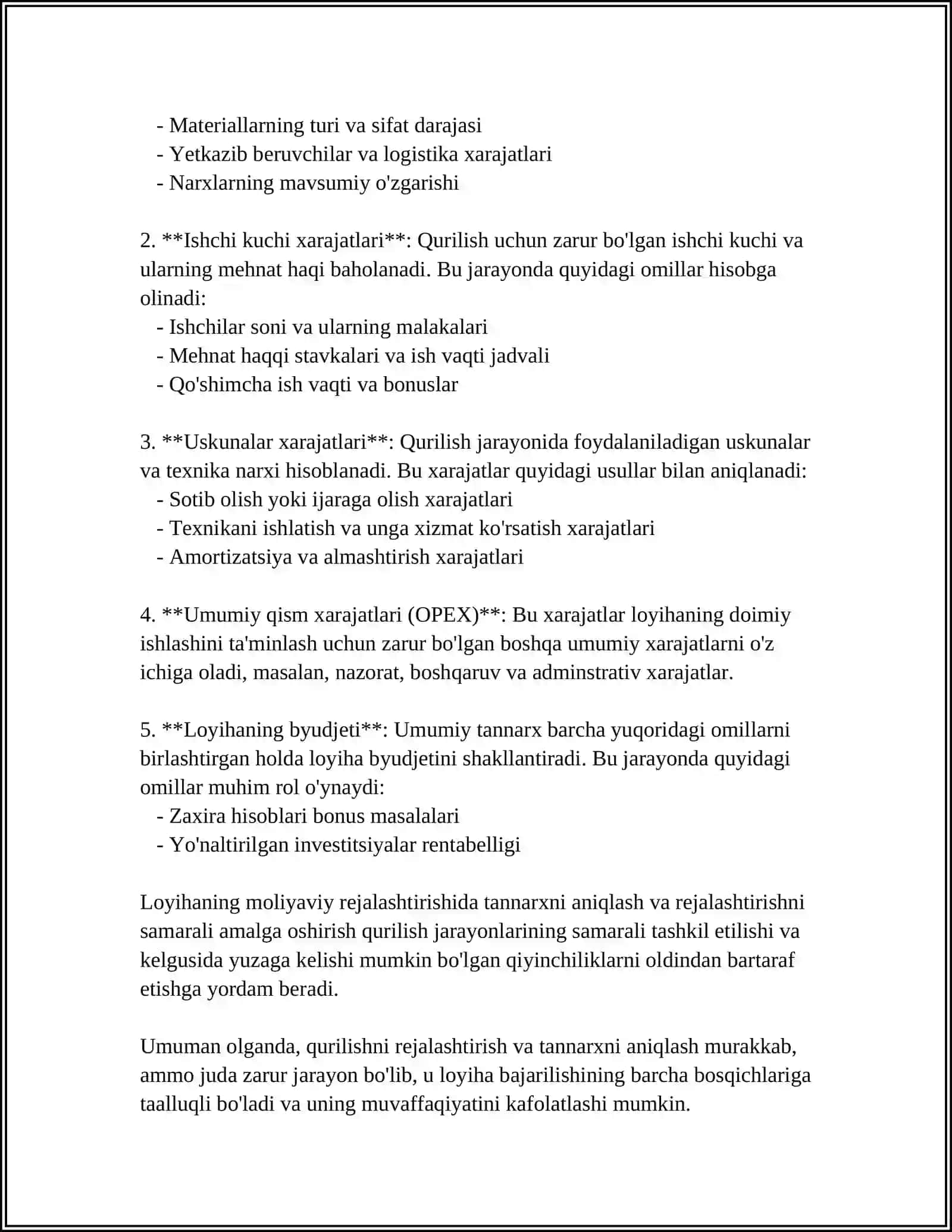 QURILISH MAHSULOTINING TANNARXI, FOYDA VA RENTABELLIK 4