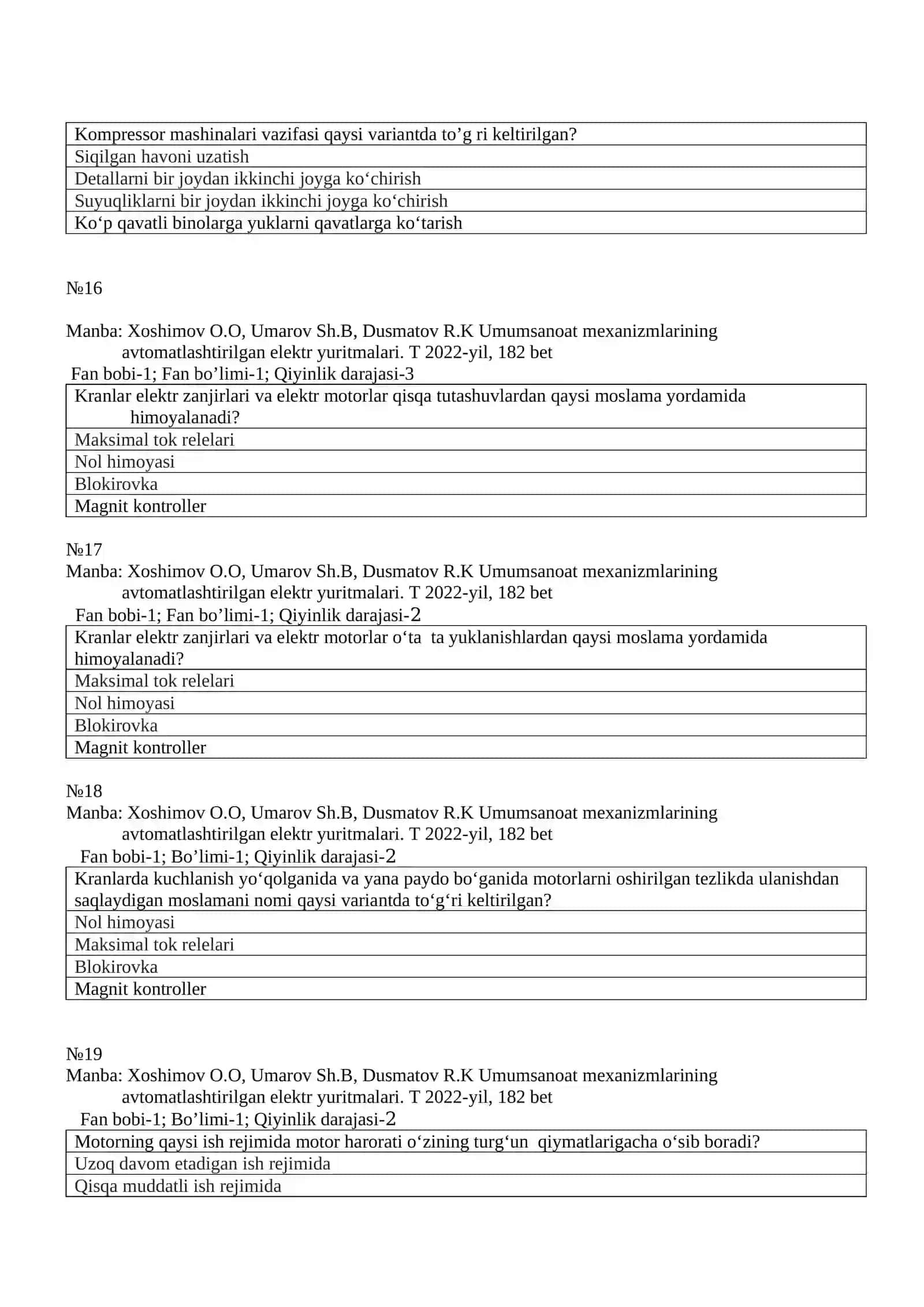 Umumsanoat mexanizmlarining avtomatlashtirilgan elektr yuritmalari fanidan test savollari 4