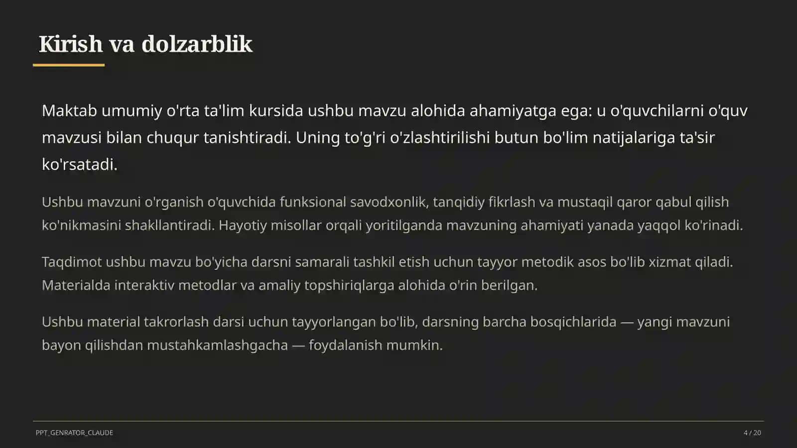Dolzarb mavzular — maktab va o'qituvchilar (2026) — takrorlash darsi uchun 4