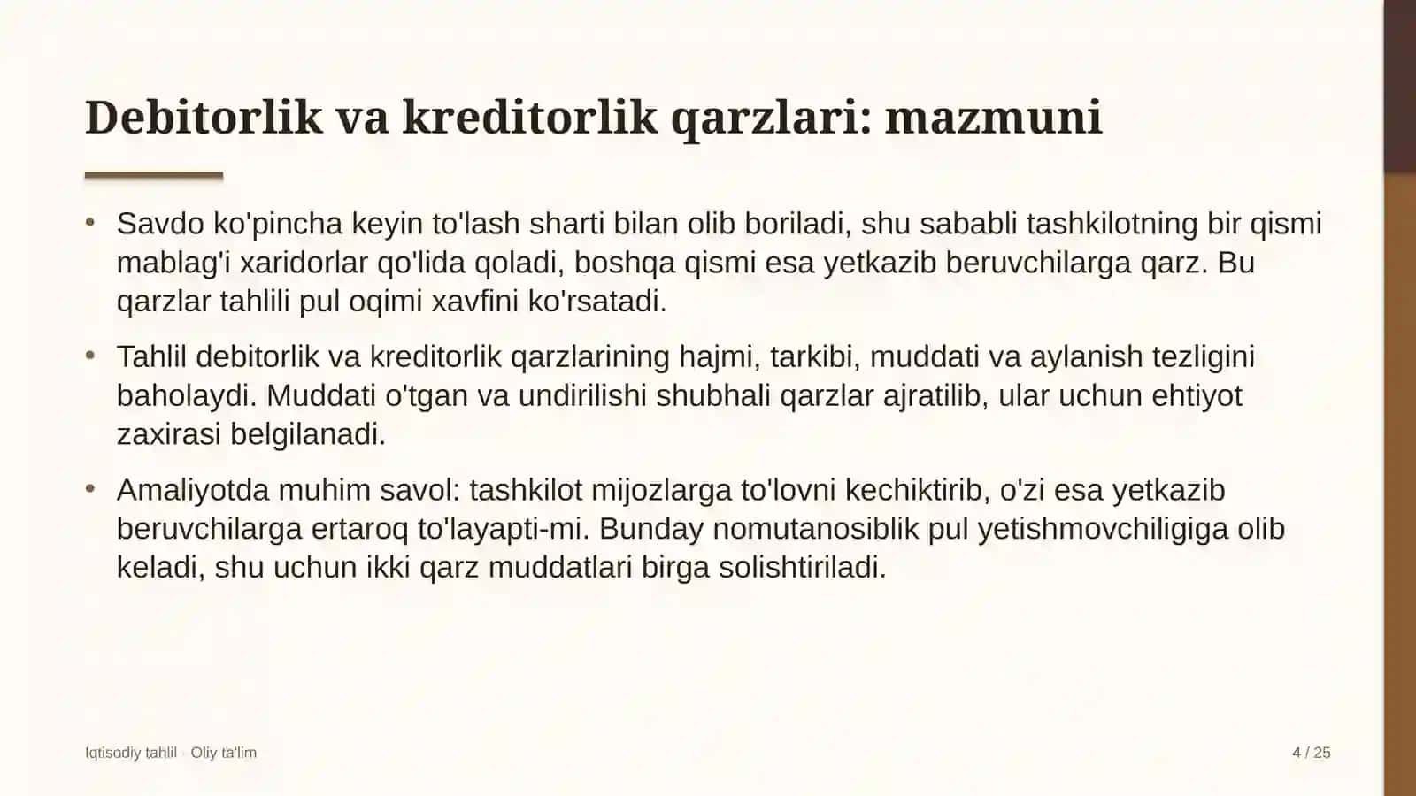 ombor xo'jaligida debitorlik va kreditorlik qarzlari tahlili 9347 4