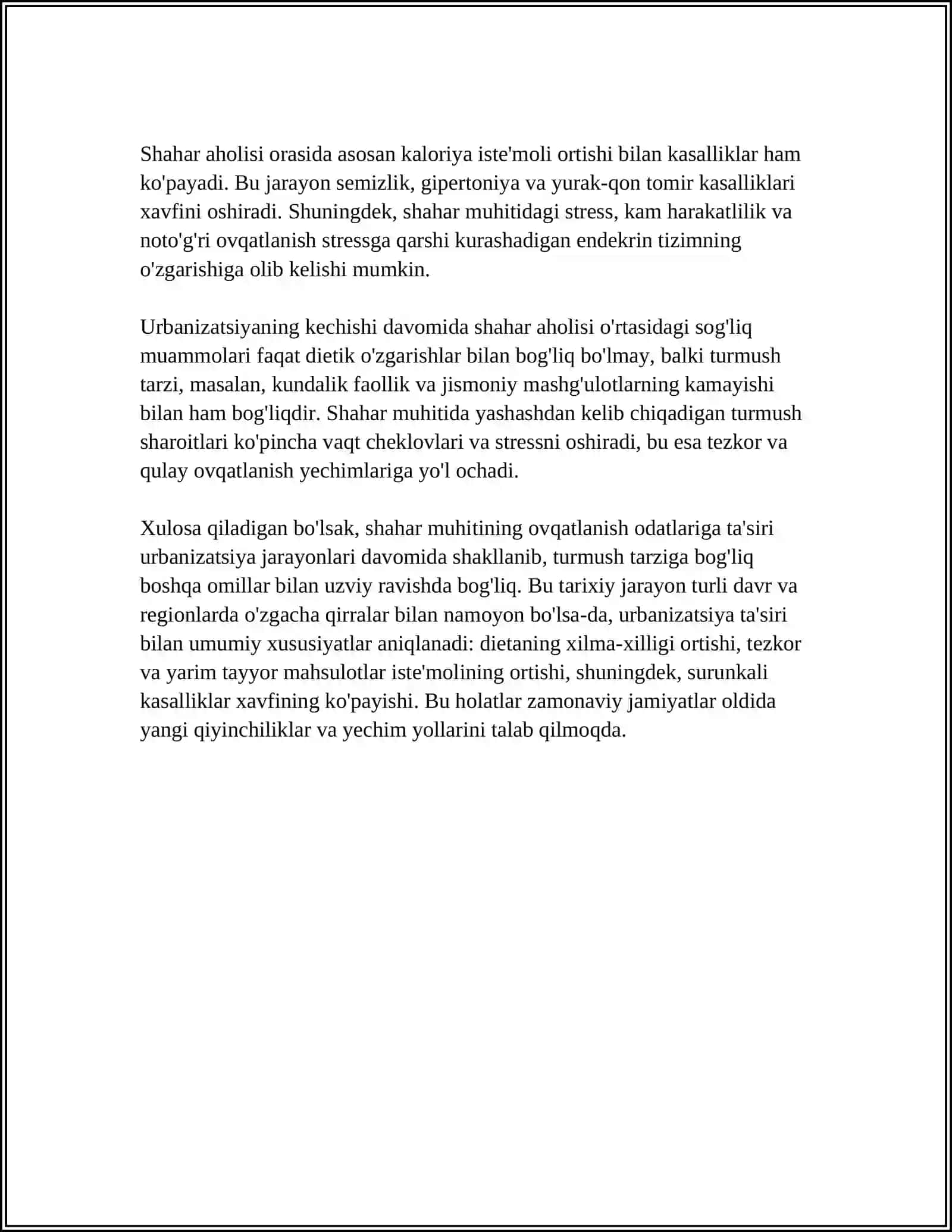 SHAHAR MUHITINING VA TURMUSH TARZINING OVQATLANISH ODATLARI VA SURUNKALI KASALLIKLARNING RIVOJLANISH TARIXI 4