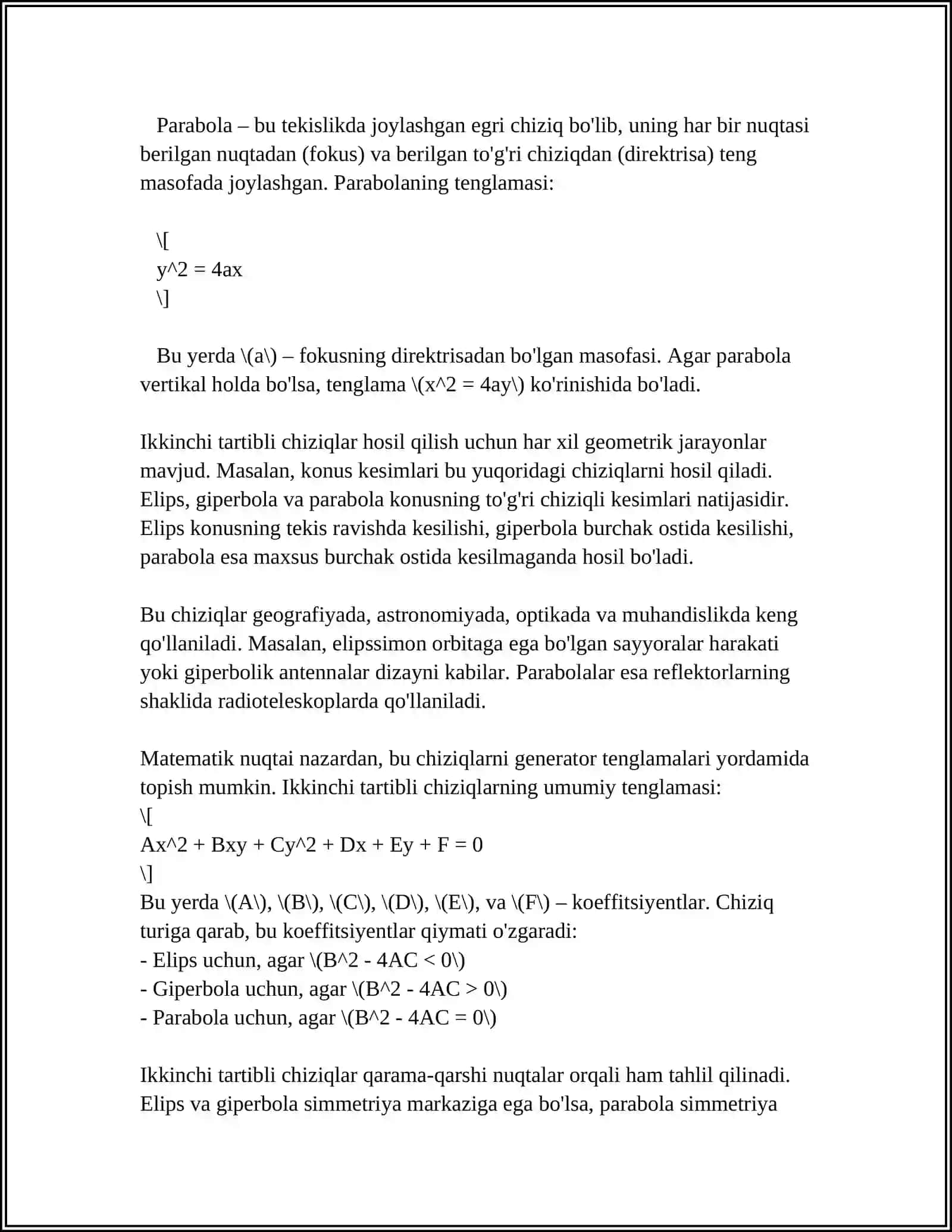 MAVZU: IKKINCHI TARTIBLI CHIZIQLAR: AYLANA, ELLIPS, GIPERBOLA, PAROBOLA VA ULARNING KANONIK TENGLAMALARI 4