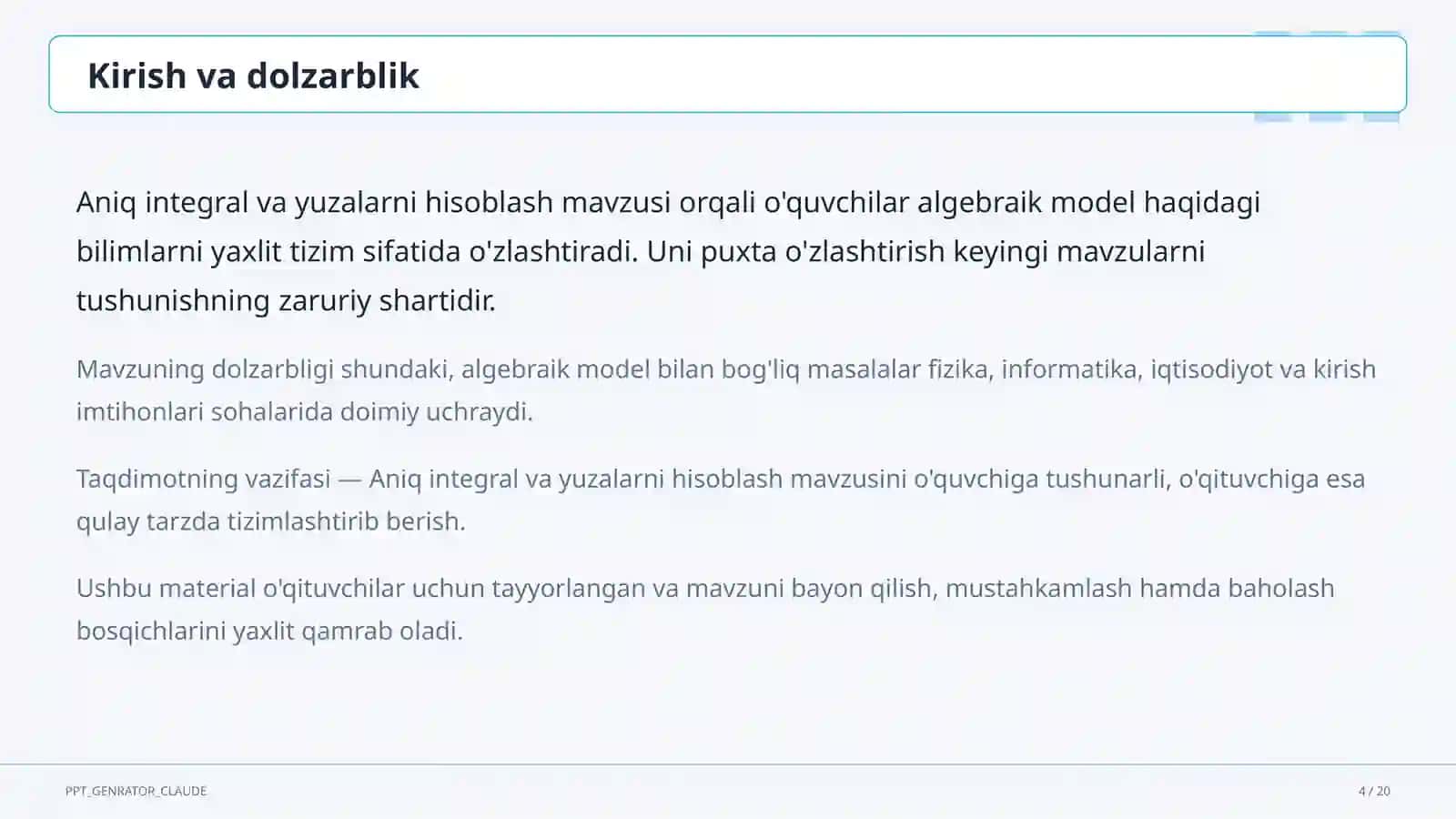 Aniq integral va yuzalarni hisoblash (11-sinf) 4