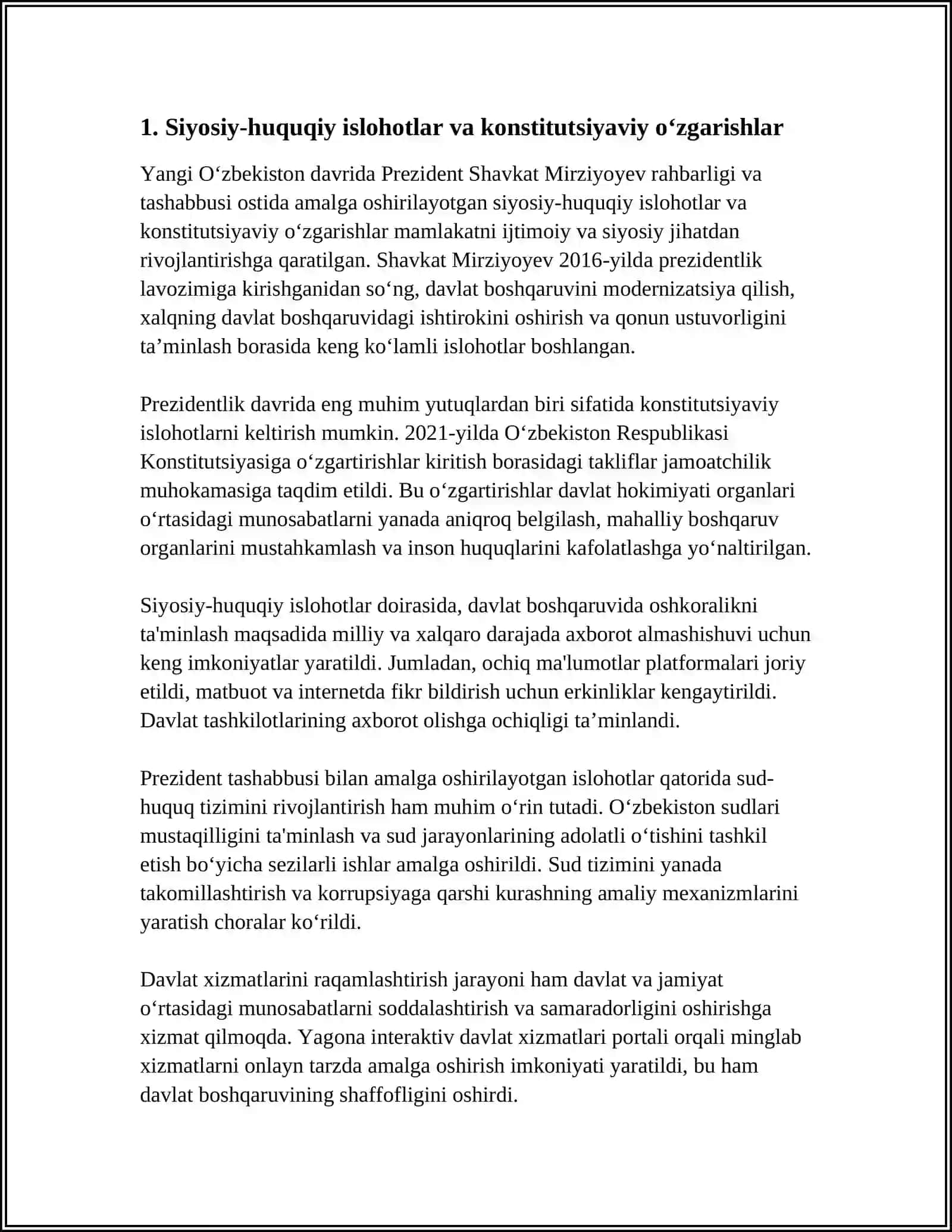 YANGI O‘ZBEKISTONDA PREZIDENT SH.M.MIRZIYOYEV RAHBARLIGI VA TASHABBUSI OSTIDA AMALGA OSHIRILAYOTGAN ISLOHOTLAR 4